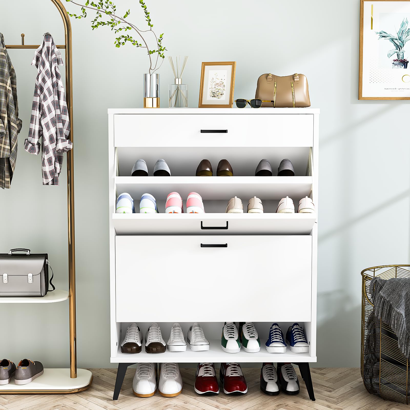 Lamerge Shoe Storage Cabinet for Entryway - Free Standing Shoe Organizer with 2 Flip Drawers & Hidden Storage | White Shoe Rack for Hallway, Closet & Doorway Organization | Space-Saving Home Entry Solution (Model: SSM-W368110074-01)