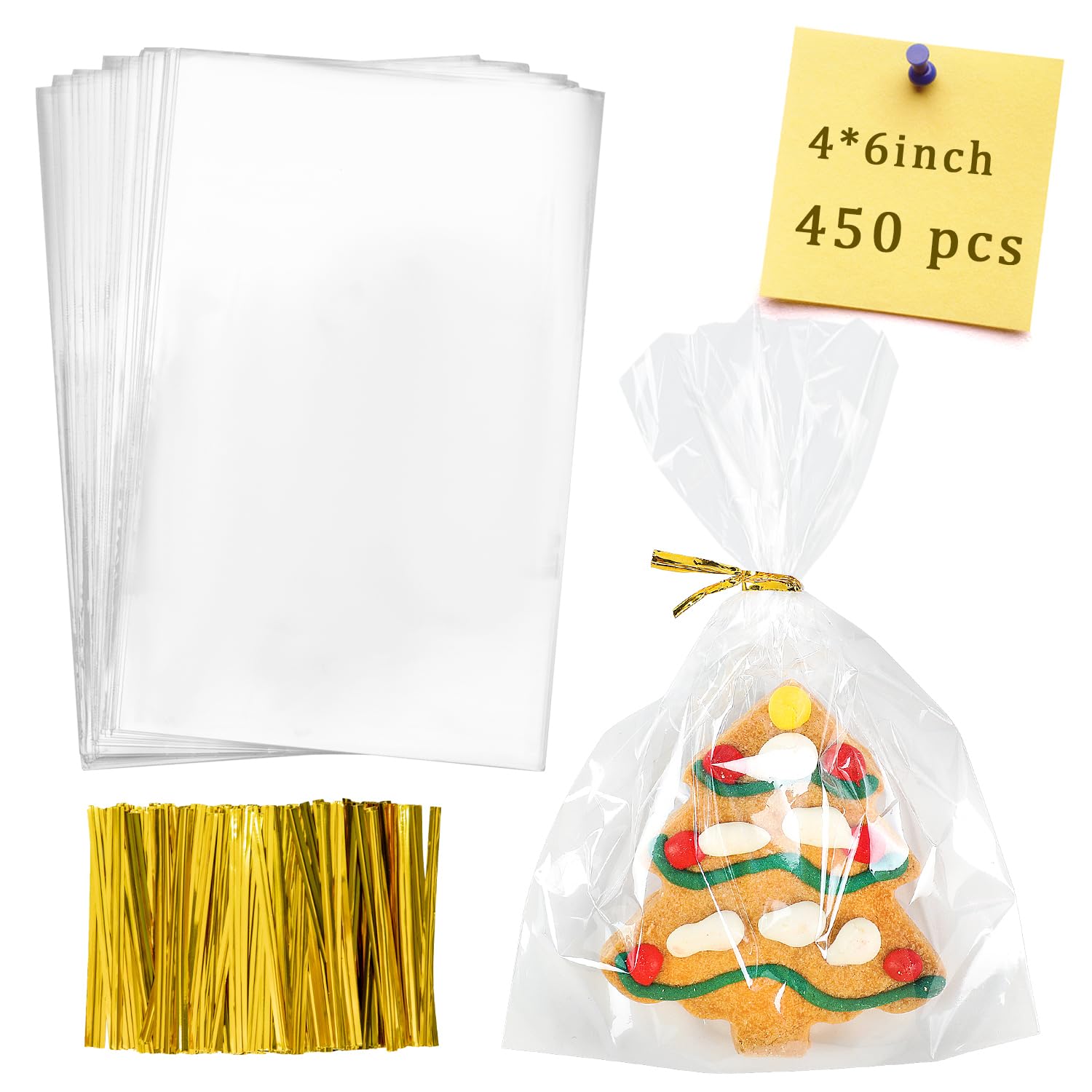 450Pcs 4x6 Clear Cellophane Treat Bags with Ties - Premium Plastic Goodie Bags for Candy, Cookies & Party Favors - Perfect for Christmas, Valentine's Day, Easter Gifts & Bakery Packaging (4