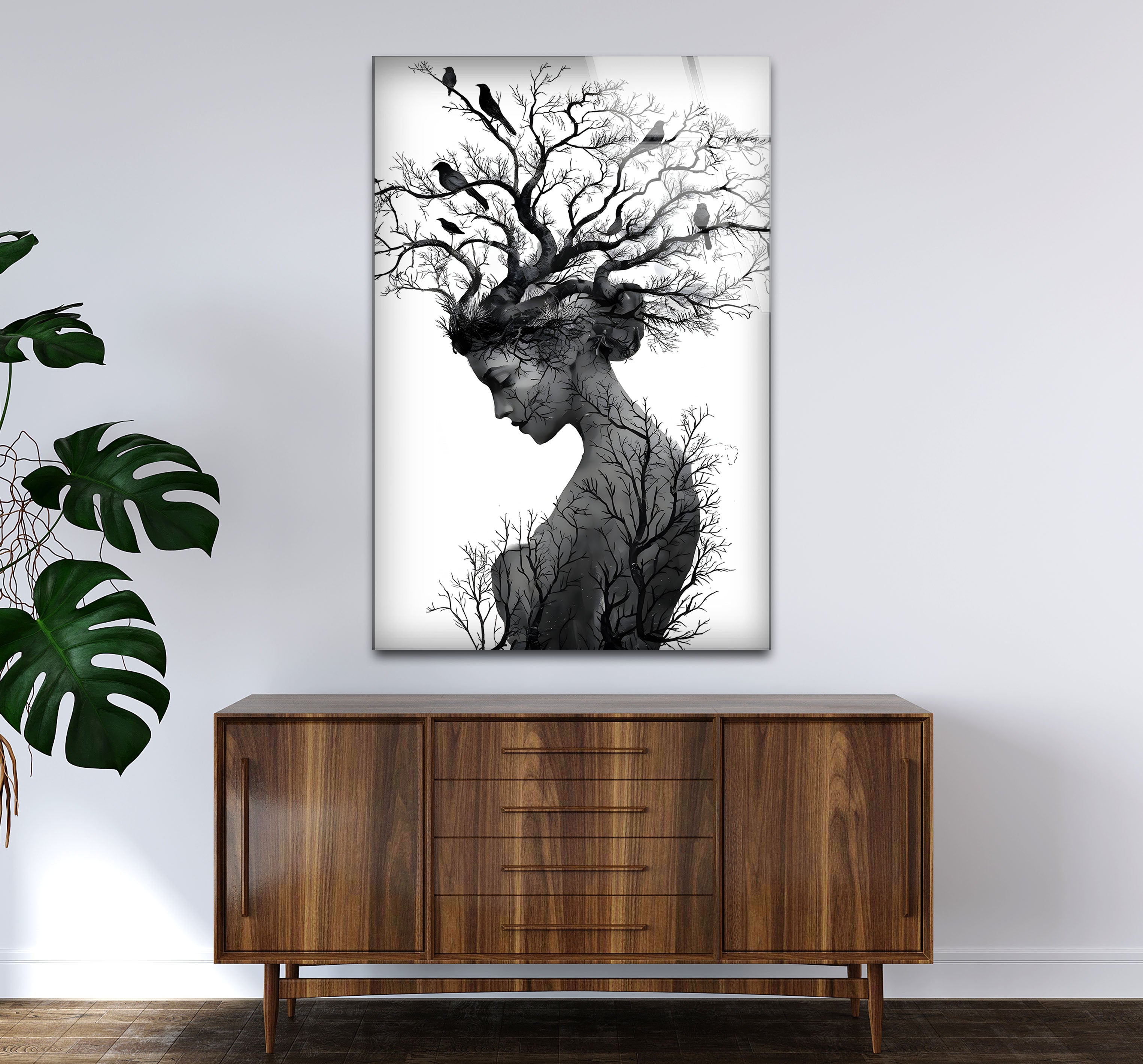 Black and White Mother Nature Glass Wall Art - Elegant Nature-Inspired Home Decor for Living Room, Bedroom & Office
