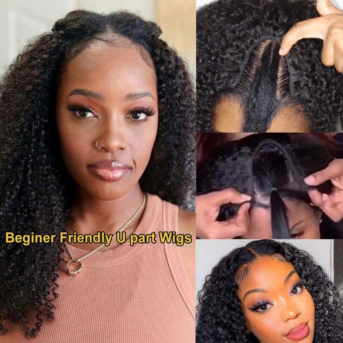 Nadula 10A Kinky Curly U Part Human Hair Wig - Brazilian Remy Hair Glueless Half Wig for Black Women | 150% Density 18inch Natural Color U-Shape Wigs with Minimal Leave Out | Perfect for Daily Wear, Parties & Protective Styles