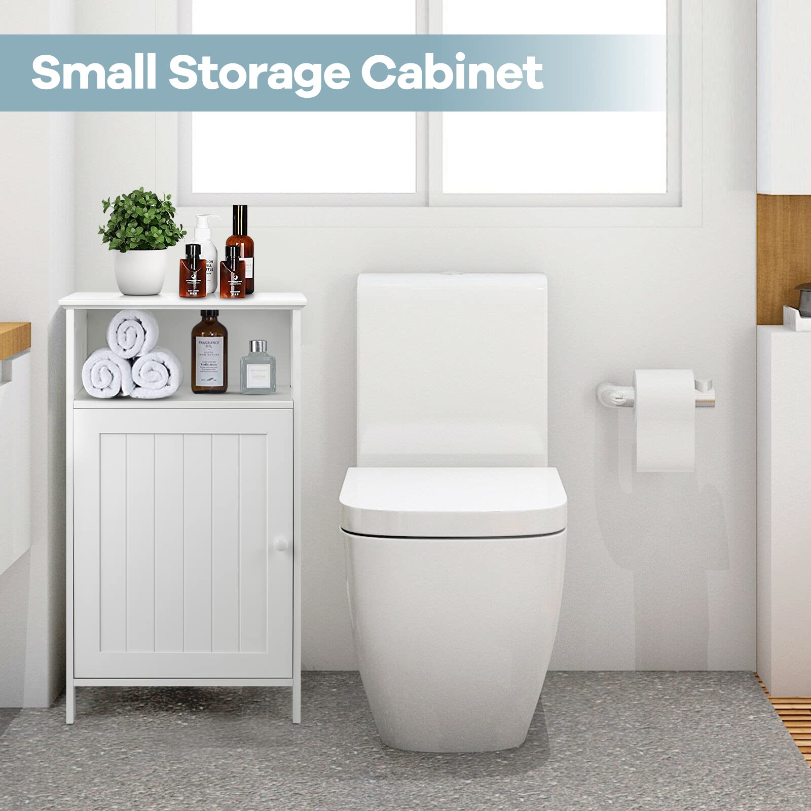 Safeplus Small Floor Storage Cabinet with Drawer & Door - White Bathroom Organizer for Toiletries, Towels & Cleaning Supplies | Perfect for Bathroom, Laundry Room & Small Space Organization