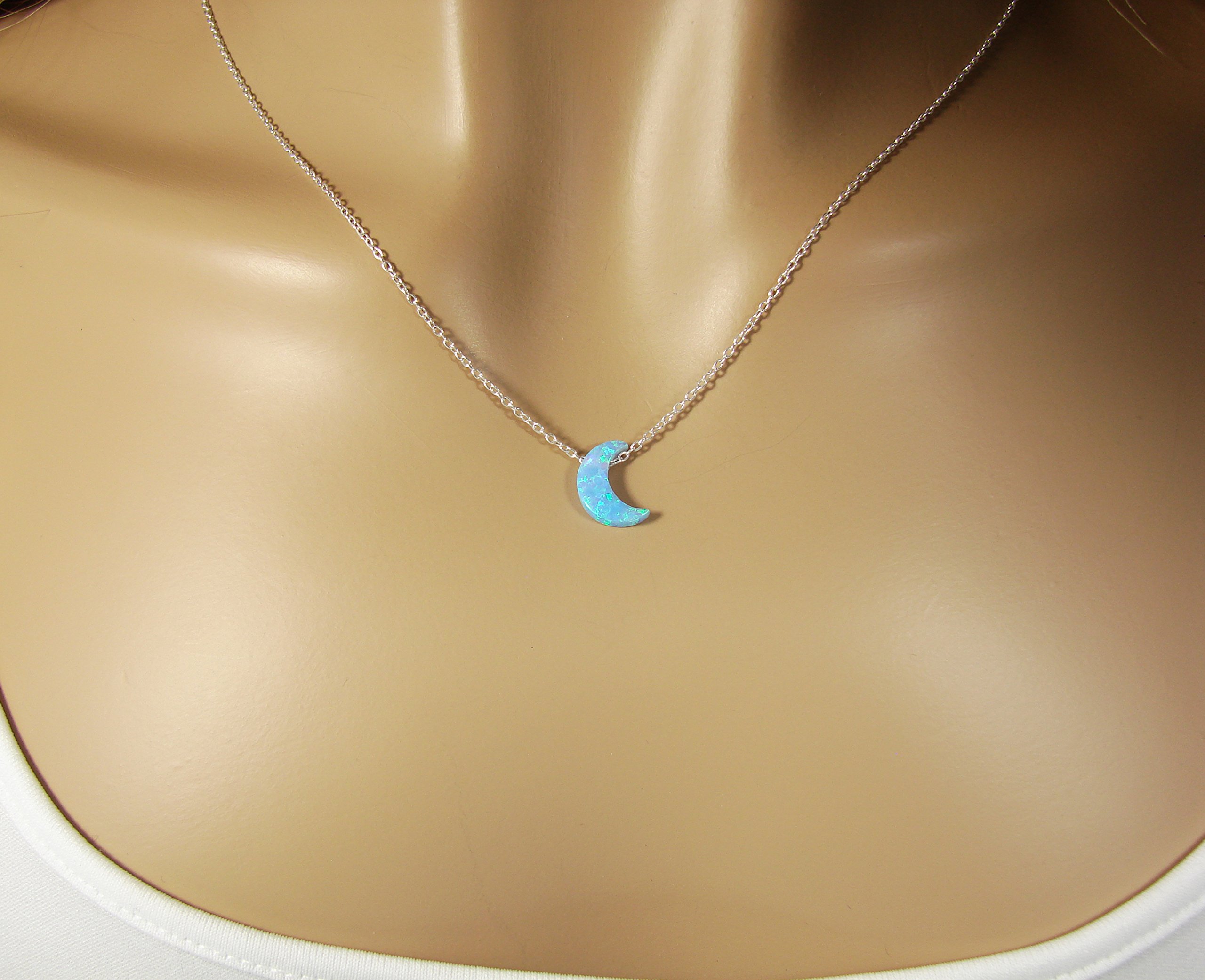 Light Blue Moon Opal Necklace - Crescent Moon Pendant with Lab Created Opal, Dainty Celestial Jewelry for Women, Perfect Gift for Birthday, Anniversary & Boho Fashion