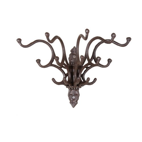 5-Prong Cast Iron Wall Hook with Rustic Finish - Perfect for Hanging Coats, Hats, and Kitchen Utensils in Entryways, Mudrooms, and Farmhouse Decor