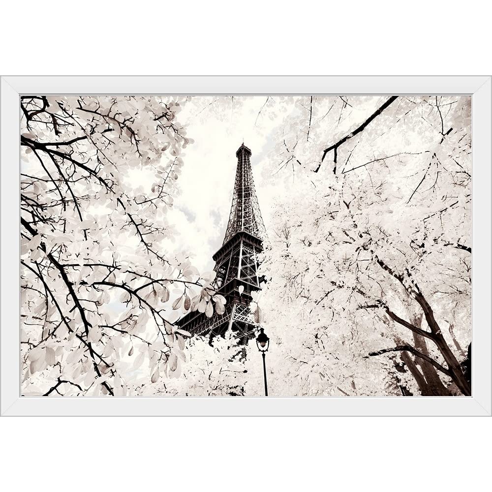 Paris Winter White Collection - Framed Art Print of Paris Scenery, Elegant White Frame Wall Decor for Living Room, Bedroom & Office
