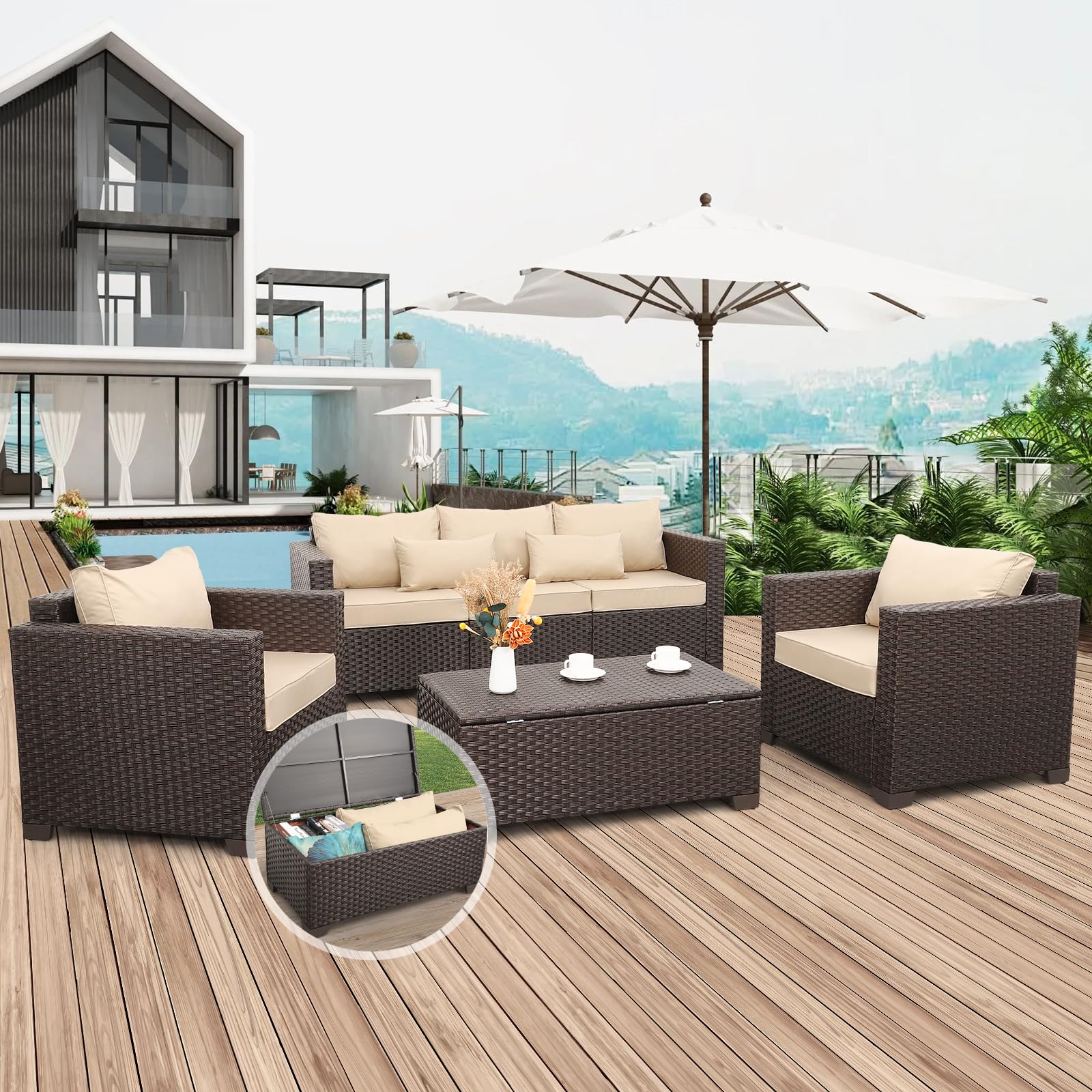 4-Piece Outdoor Patio Furniture Set with Storage - Waterproof Covers & Non-Slip Cushions - Patio Sofa, Chairs & Coffee Table - Perfect for Backyard, Garden or Poolside Relaxation