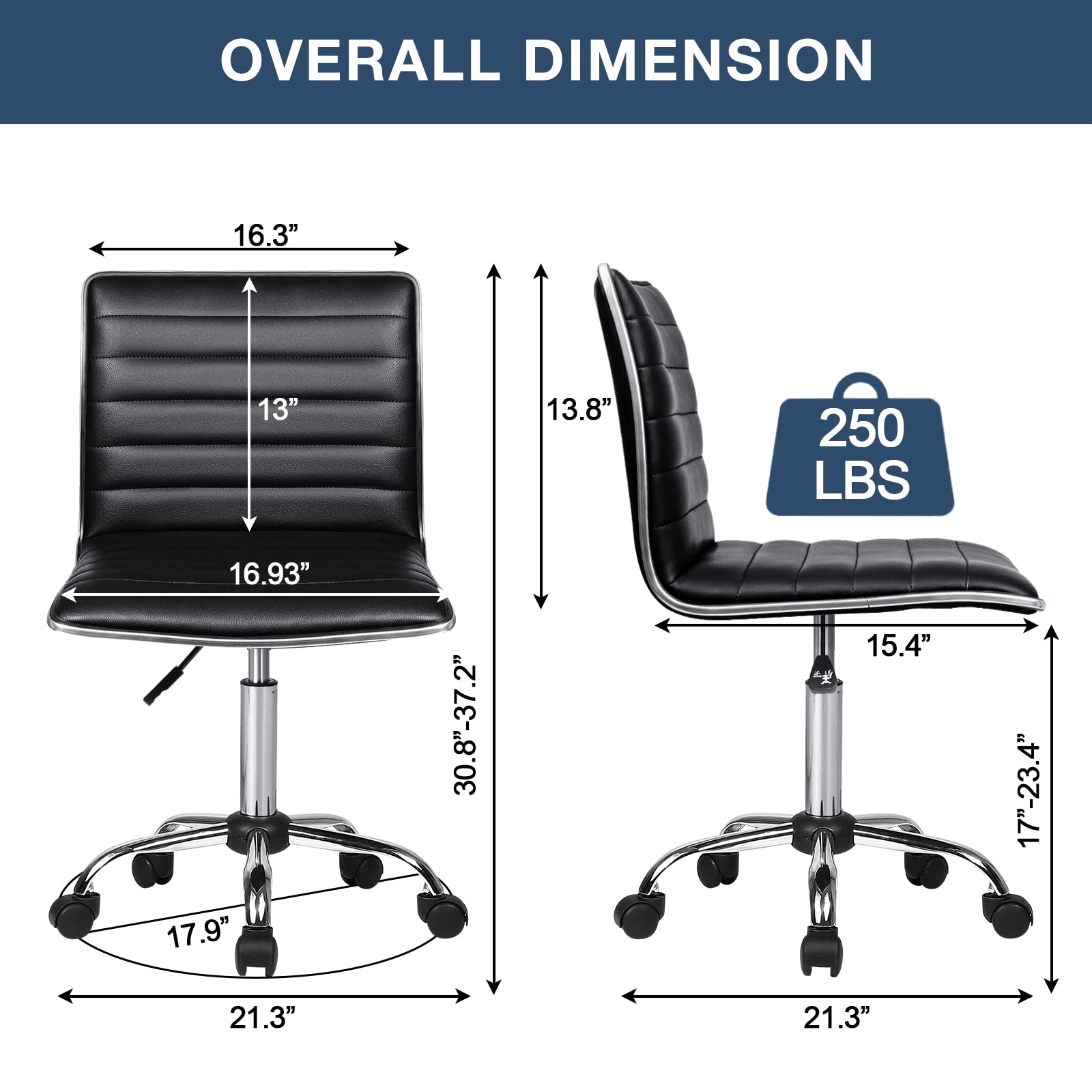 BOSSIN Adjustable Home Office Chair - Mid Back Armless Swivel Task Chair with Ribbed Design, Compact Vanity Chair for Small Spaces, Living Room, Makeup, Studying - Perfect for Home Office, Dorm Room & Beauty Station (Black)
