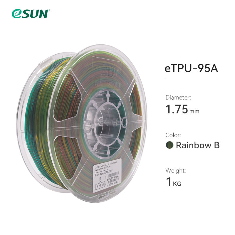 eSUN eTPU 95A Rainbow B 3D Printer Filament 1.75mm 1kg Spool - Flexible TPU Material for Cosplay, Phone Cases & Wearable Tech Accessories