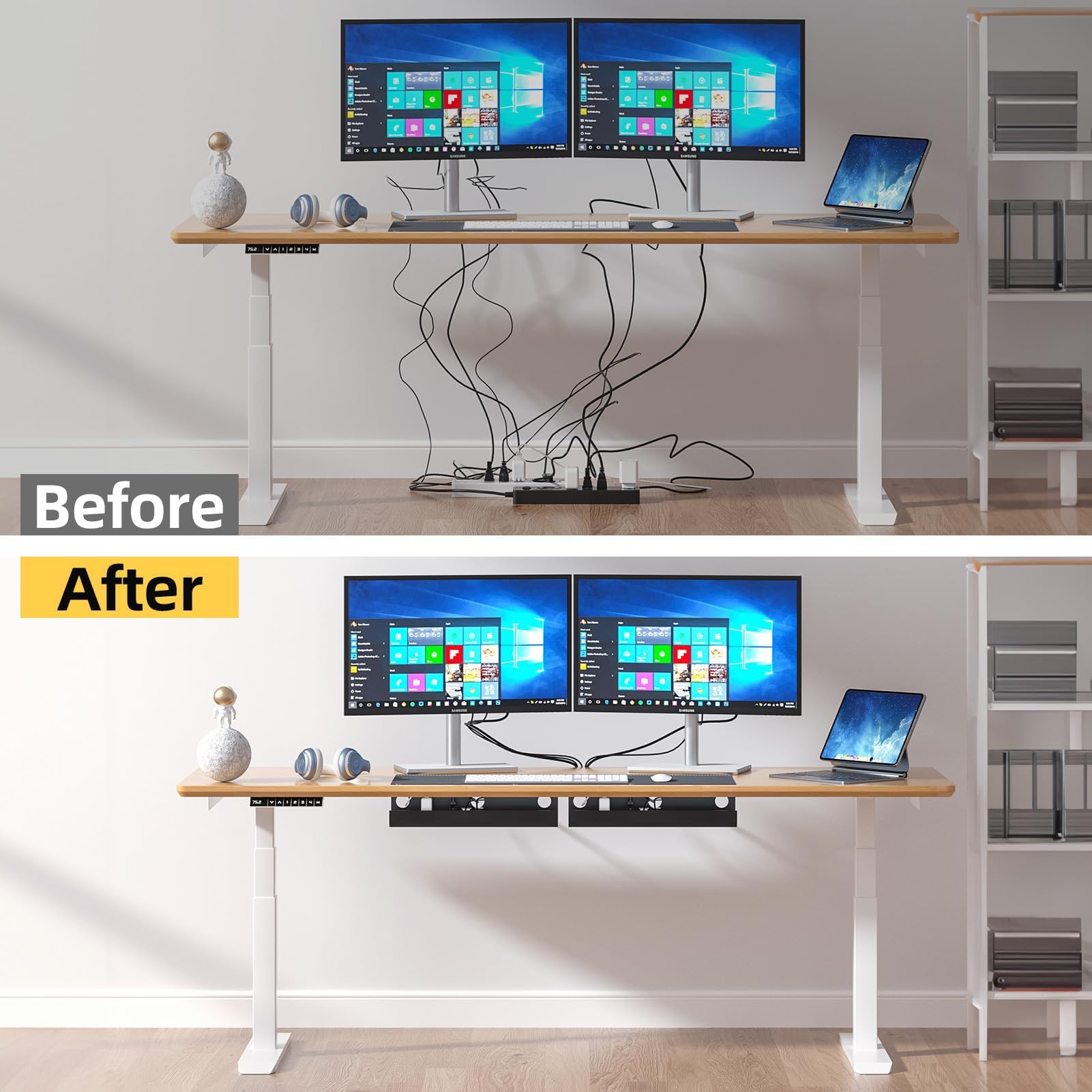 Yecaye 2 Pack Under Desk Cable Management Tray - 31.5 Inch Cord Organizer & Hider, No Screw No Drill Wire Management System for Office & Home (Black) - Perfect for Home Office Setup & Computer Desk Organization