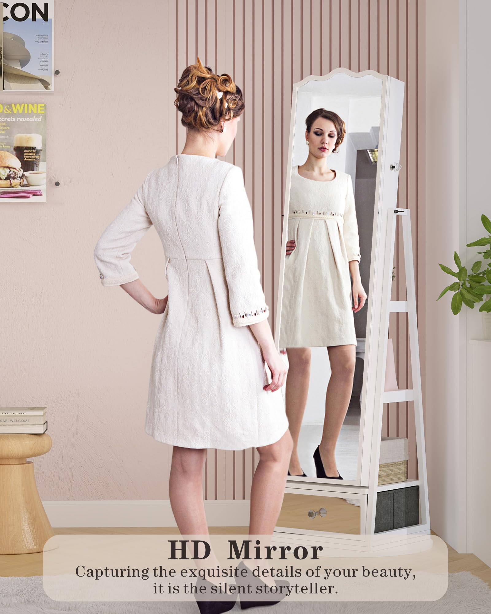 Full-Length Standing Mirror Jewelry Cabinet with LED Lights, Ample Storage & Rotating Shelf - White | Perfect for Bedroom, Dressing Room & Closet Organization