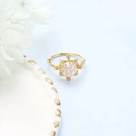 Natural Rose Quartz Gold Ring for Women - Elegant Pink Wedding Band, Romantic Jewelry Gift for Her | Perfect for Engagement, Anniversary & Special Occasions | HJZB 002 01