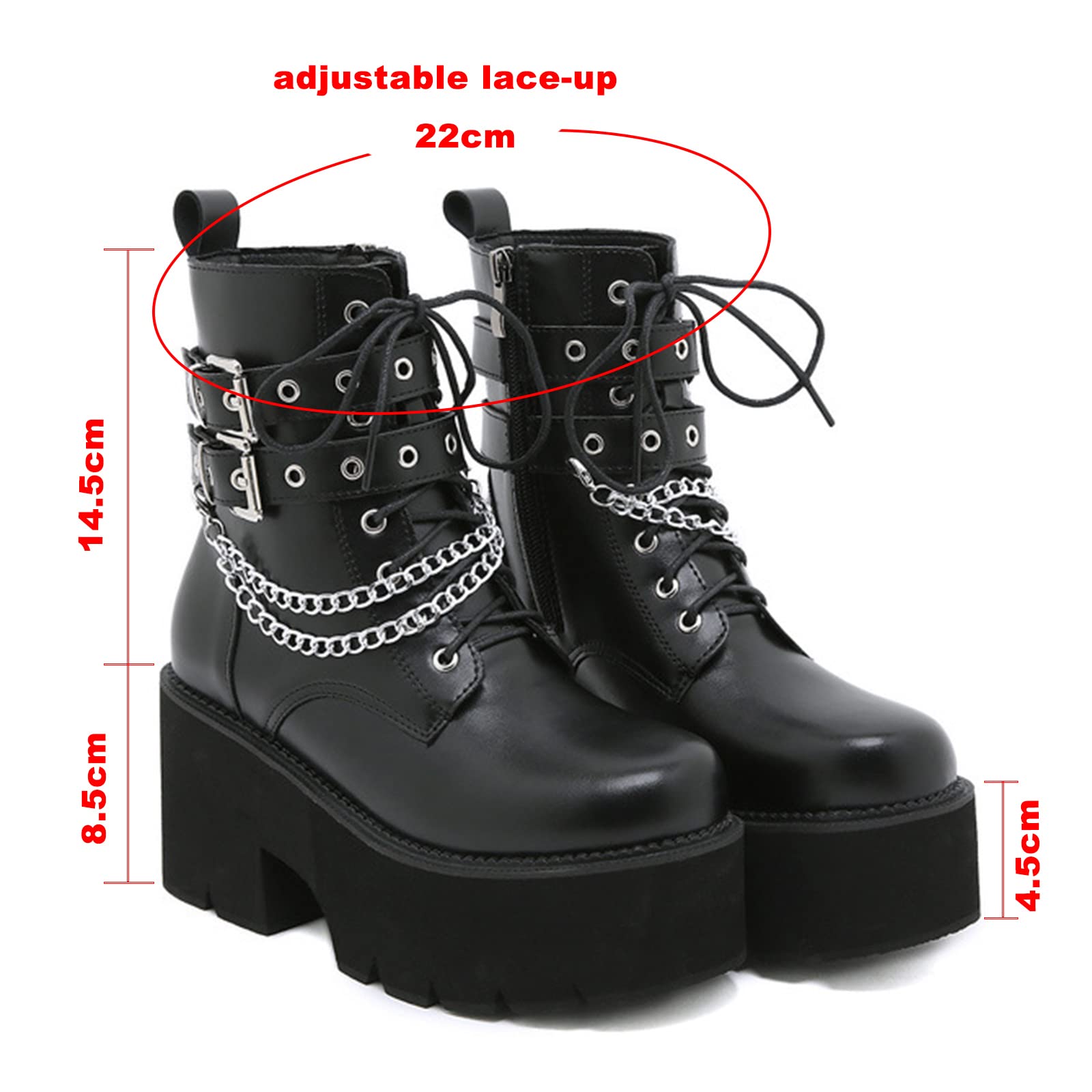 TNXZ Women's Faux Leather Combat Boots - Mid Heel Lace-Up Ankle Booties with Chain Detail & Platform Sole | Stylish Motorcycle Boots for Casual Outfits, Night Out & Fall Fashion