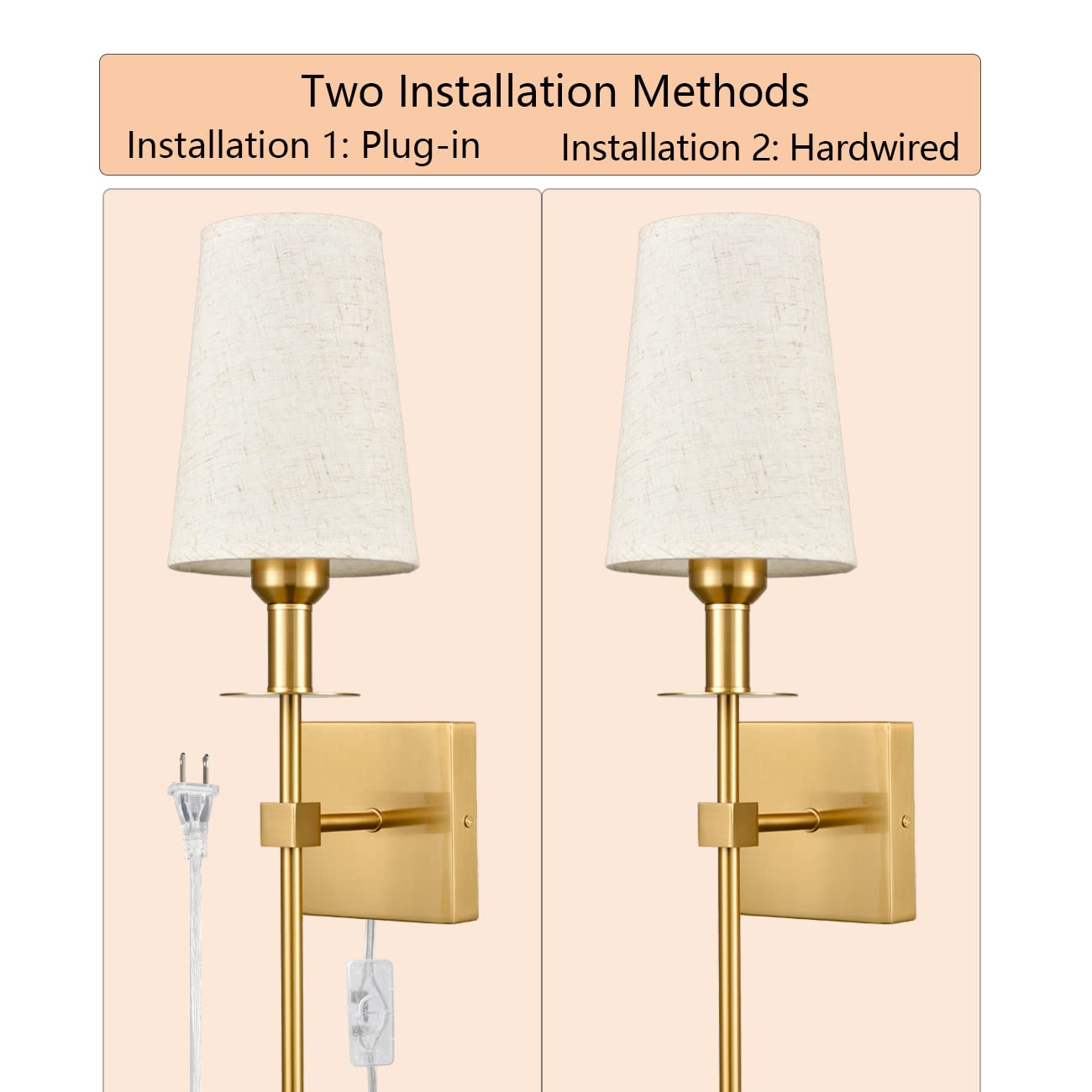 Modern Brass Plug-In Wall Sconces Set of 2 - Gold Wall Lights with Fabric Shade for Bedroom, Hallway, Bathroom & Living Room - Elegant Lighting for Home Decor and Ambient Illumination
