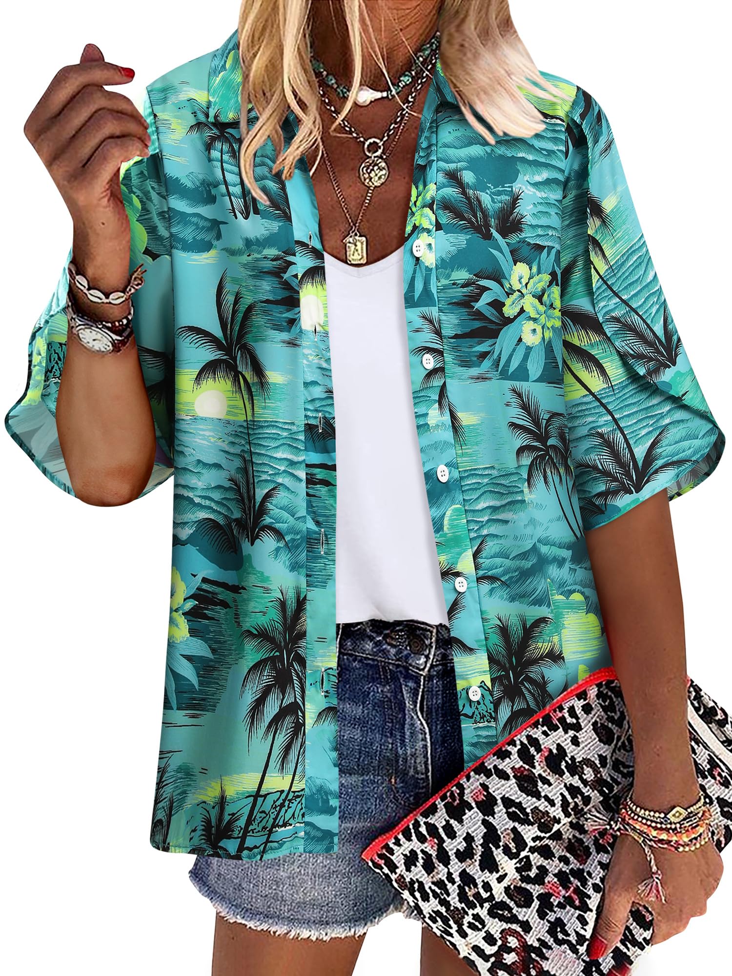 ZXZY Women's Ruffle 3/4 Sleeve Hawaiian Blouse - Loose Flowy Tropical Floral Shirt for Summer Beach Vacation & Casual Outfit