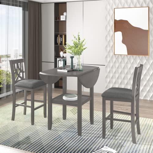 XD Designs 3-Piece Counter Height Dining Set - Round Wood Drop Leaf Table with Storage Shelf & 2 Padded Cross Back Chairs - Gray Kitchen Table Set for Small Spaces, Breakfast Nooks & Cozy Dining Rooms