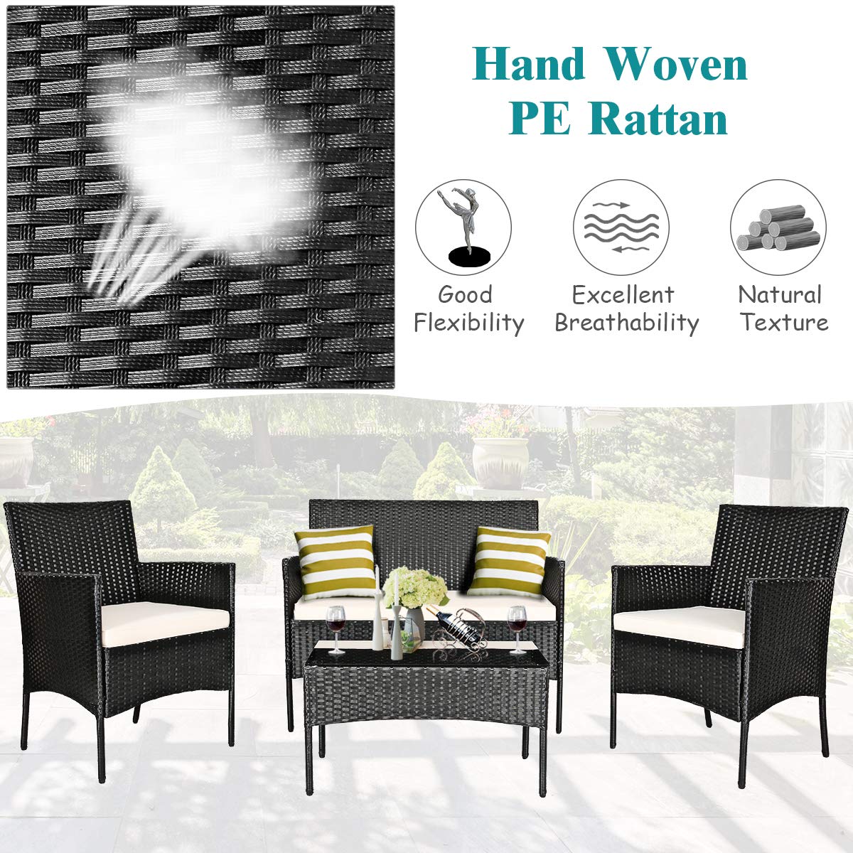 Tangkula 8-Piece Outdoor Patio Furniture Set - All-Weather Wicker Sofa Set with Tempered Glass Coffee Table, Rattan Loveseat & Chairs with Thick Cushions - Perfect for Backyard, Garden, Poolside & Patio Relaxation (Beige, 2-Person Seating)