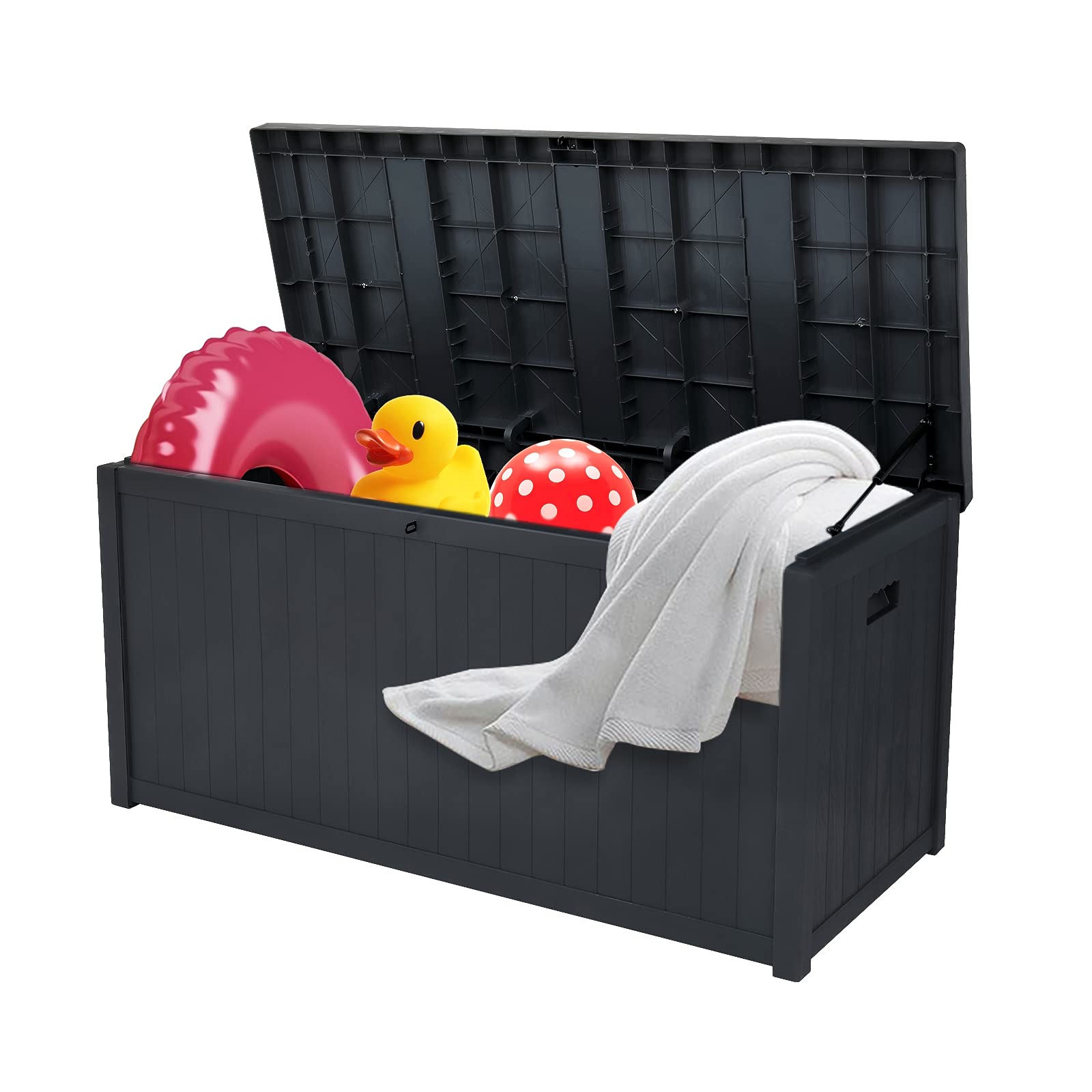 113 Gallon Waterproof Outdoor Garden Storage Deck Box - Plastic Patio Tool Organizer & Cabinet Container for Furniture, Cushions, Garden Tools, Toys (Rattan Style, Black) - Perfect for Backyard, Deck, Poolside & Outdoor Storage Organization