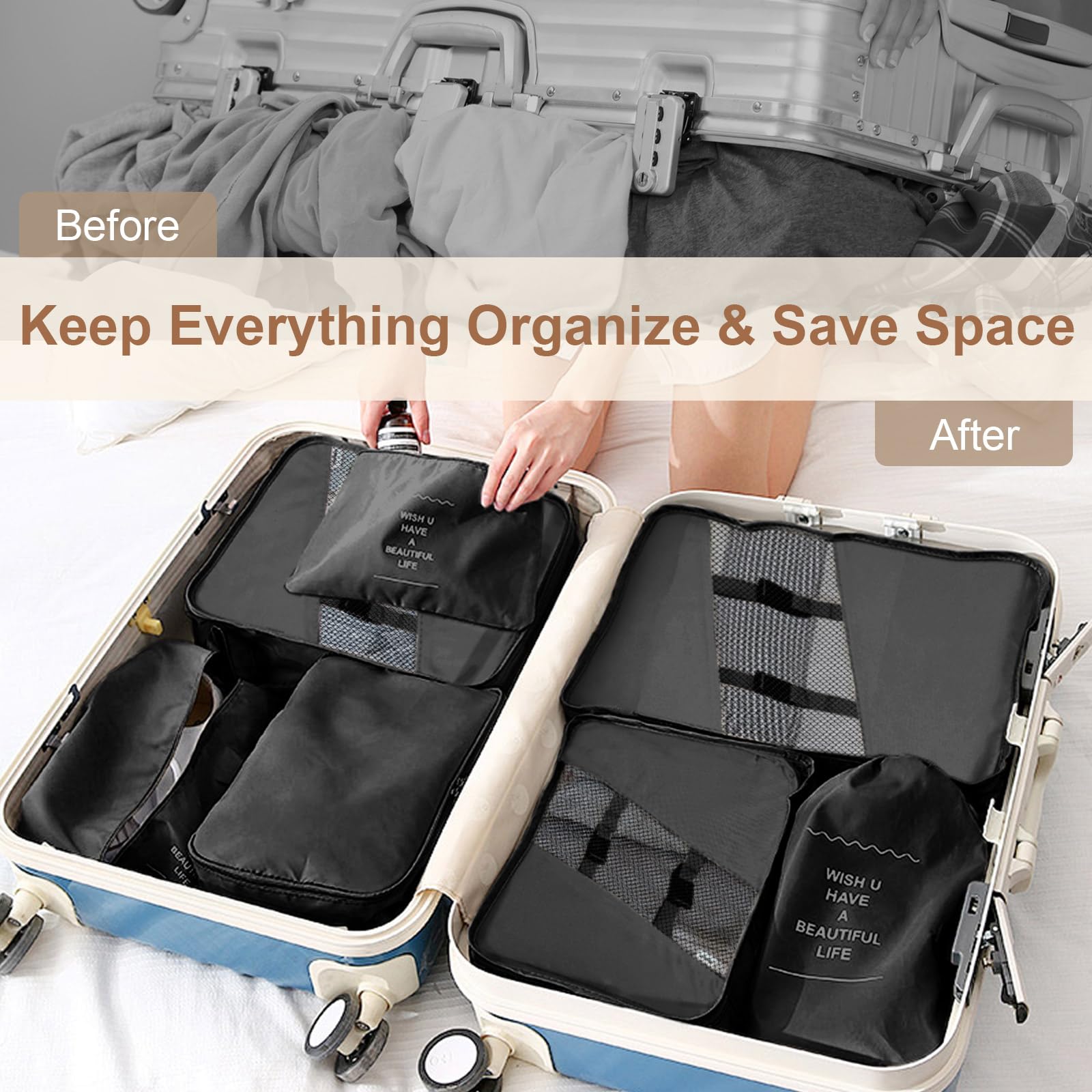 6-Piece Packing Cubes Set for Luggage & Suitcase - Travel Organizer Bags for Carry-On, Clothes Storage & Laundry - Includes Shoe Bag - Perfect for Men & Women Travel Accessories (Ideal for Business Trips, Vacations & Weekend Getaways)