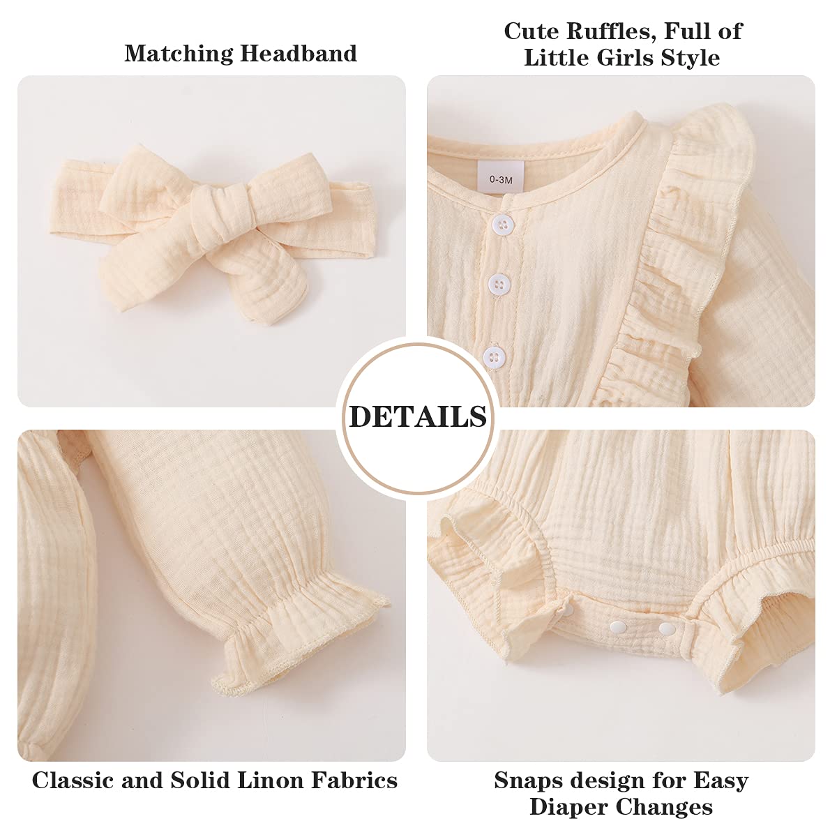 Renotemy Newborn Baby Girl Clothes - Soft Cotton Linen Romper with Ruffle Detail | Cute Solid Color Jumpsuits for Infants 0-24 Months | Perfect for Photo Shoots, Playtime & Special Occasions