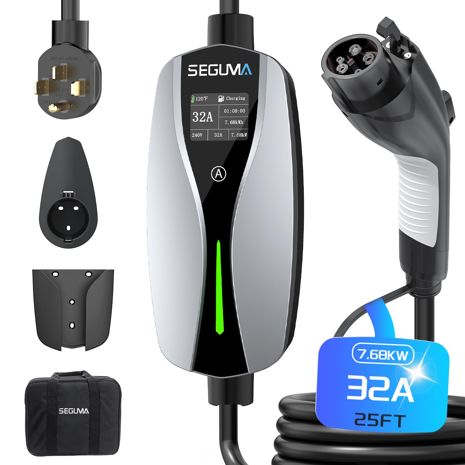 32A 240V Level 2 EV Charger with NEMA 14-50 Plug | 25ft Extension Cable | Adjustable Current | Portable Electric Car Charger for Home & Outdoor Use | Fast Charging Station for Tesla, Nissan Leaf, Chevy Bolt & More EVs