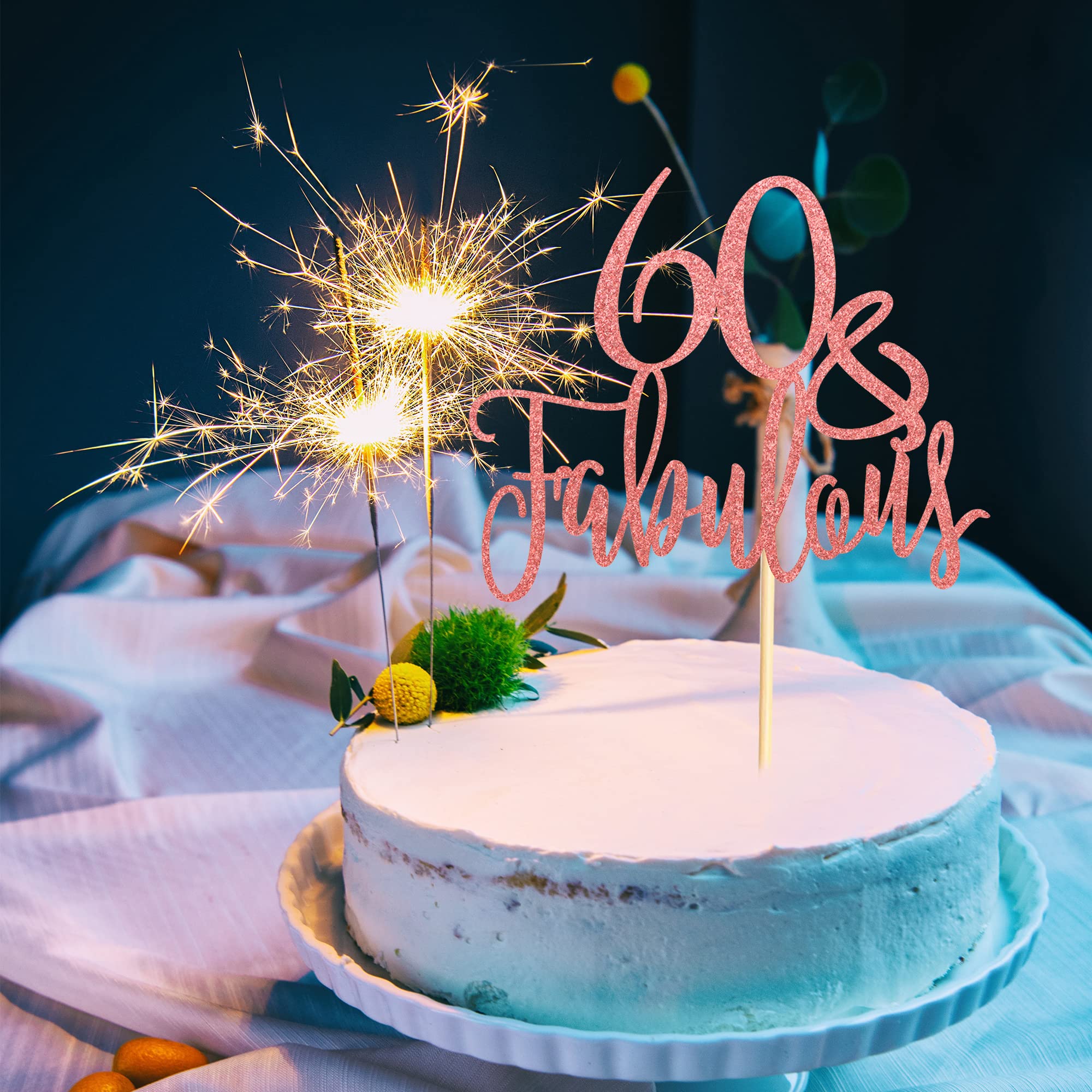 60 & Fabulous Cake Topper - Rose Gold Glitter Happy 60th Birthday Cake Decoration for Anniversary Parties, Wedding Celebrations & Special Occasions
