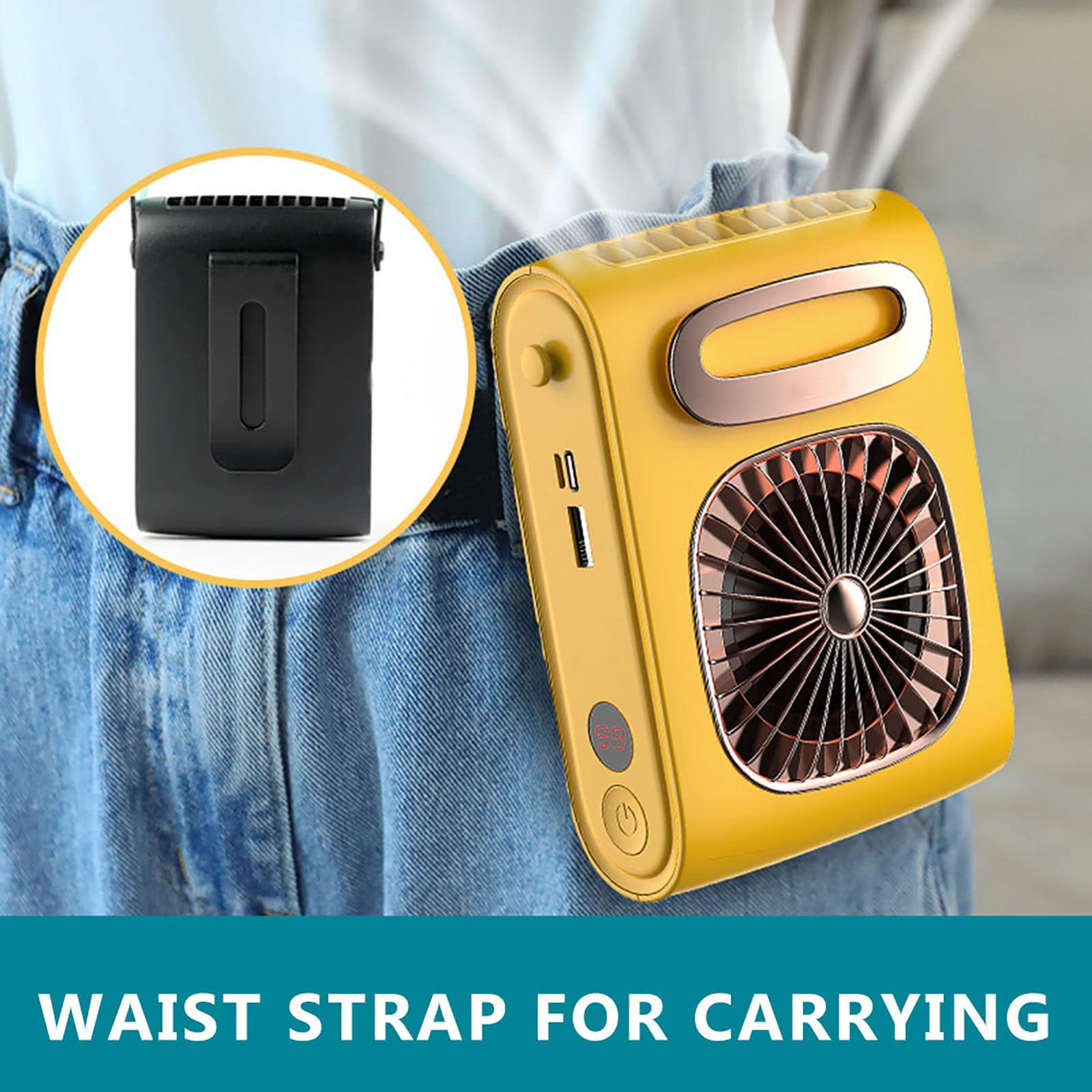 Portable USB Rechargeable Waist Fan - Hanging Neck Mini Air Conditioner for Outdoor Sports & Activities - 12-30 Hours Battery Life (Yellow) | Perfect for Hiking, Camping, Gym Workouts & Summer Travel