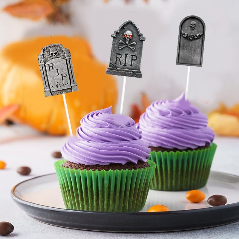 24-Piece Halloween Cupcake Toppers - Spooky Tombstone & Graveyard Cake Decorations for Halloween Party Supplies | Perfect for Cupcakes, Cakes, and Dessert Displays at Halloween Parties, Trick-or-Treat Events & Themed Gatherings