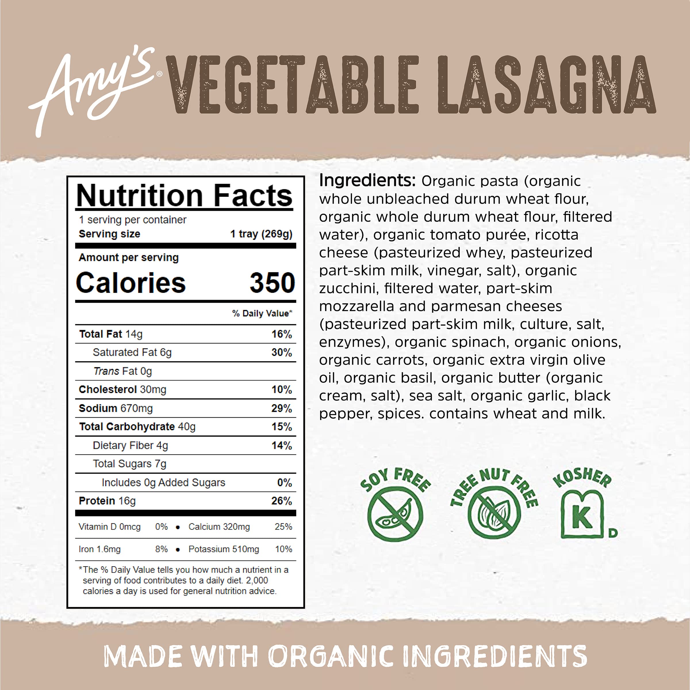 Organic Vegetable Lasagna Frozen Meal - Amy's 9.5 Oz Microwaveable Pasta with Vegetables | Quick Family Dinner & Healthy Lunch Option