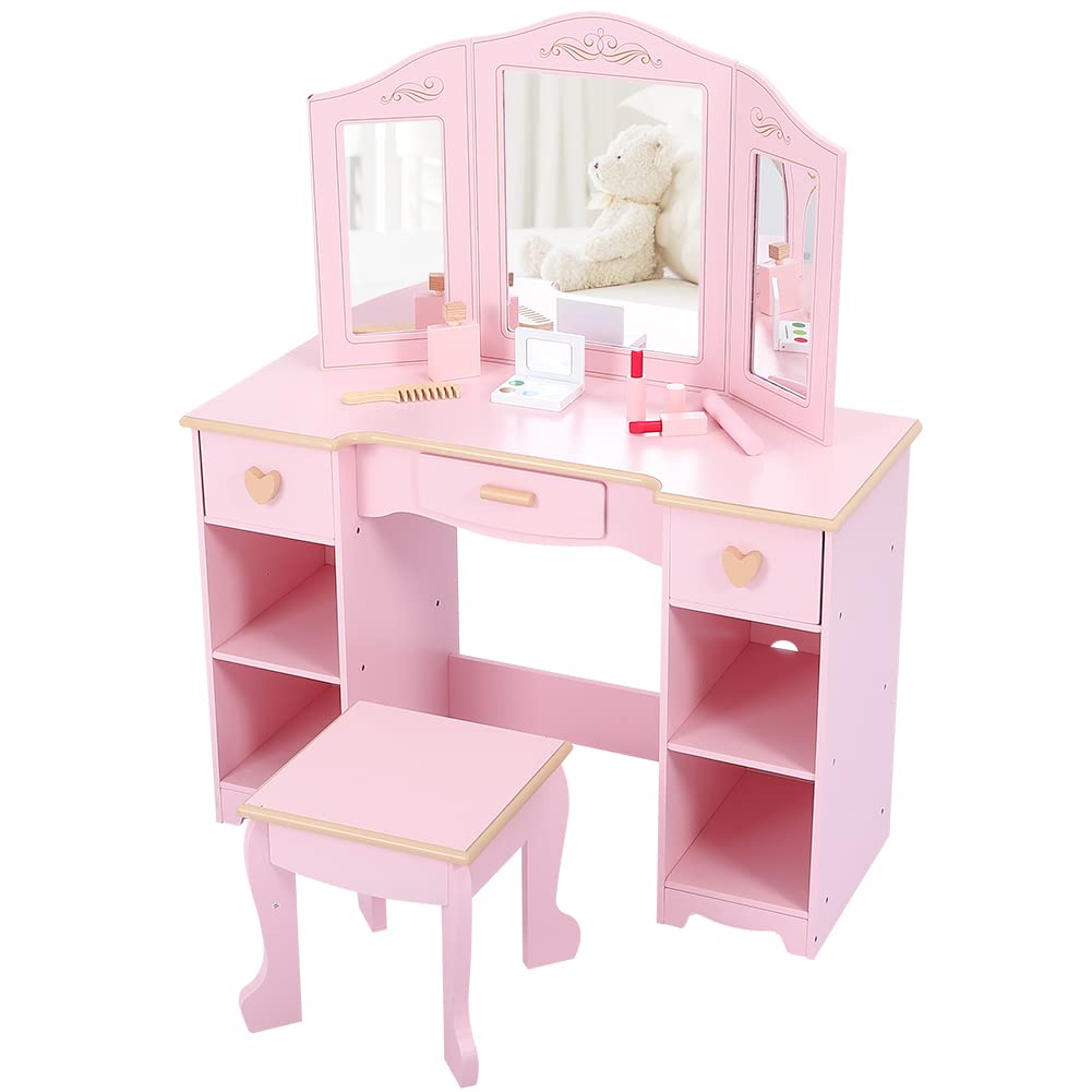 **Pink Kids Vanity Set with Mirror & Drawer - Wooden Makeup Dresser Table & Chair Playset for Girls Ages 3-9, PINK102PA - Perfect for Pretend Play, Birthday Gifts & Bedroom Decor**