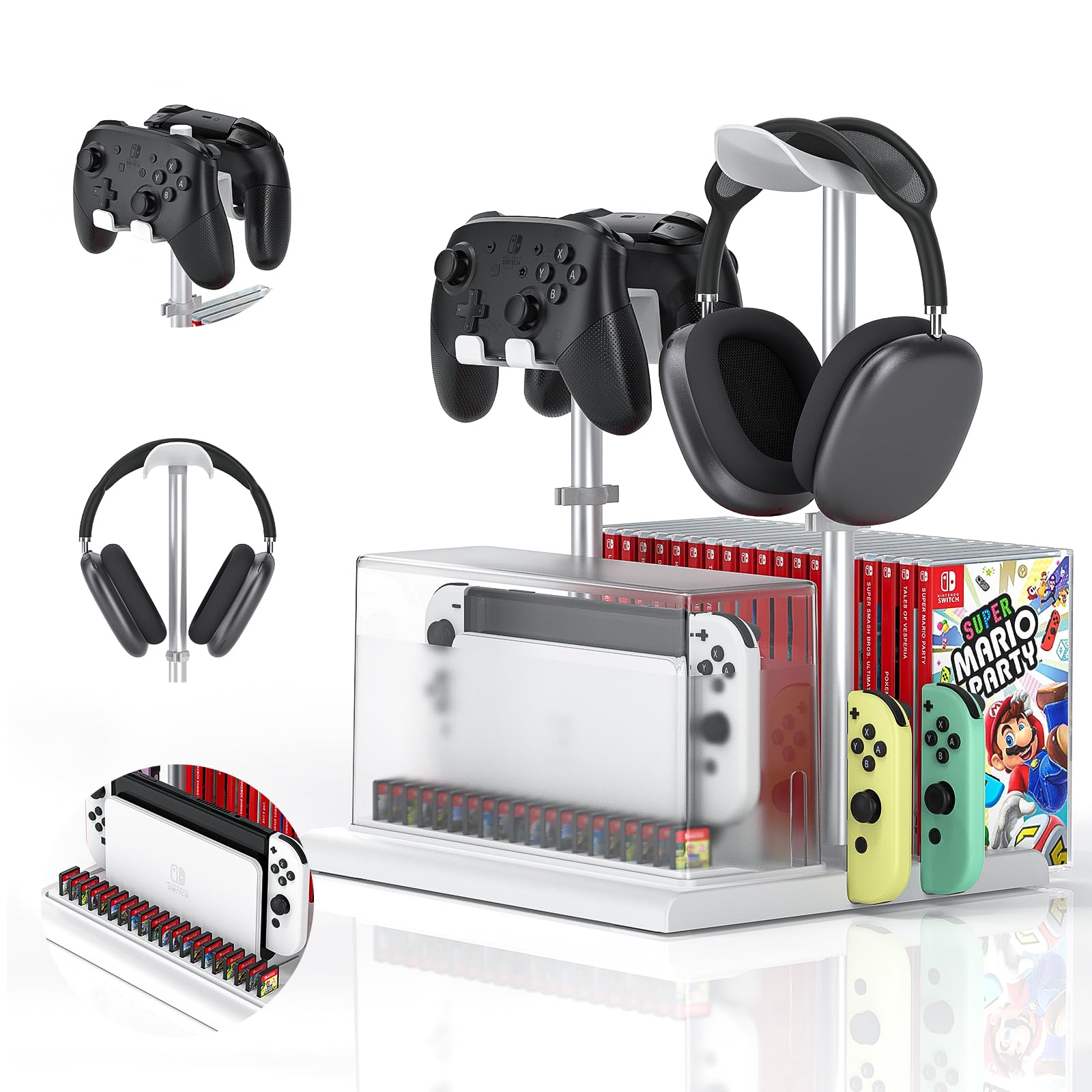 Nintendo Switch & OLED Stand with Controller & Headphone Holder - Switch Game Storage Organizer with Dust Cover for TV Dock - Perfect Gaming Accessories Gift for Gamers - Ideal for Bedroom, Living Room & Game Room Setup