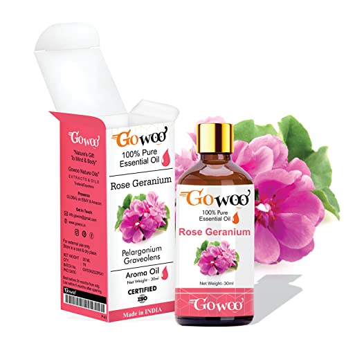 GO WOO 100% Pure Rose Geranium Essential Oil - Virgin, Undiluted, Therapeutic Grade for Aromatherapy, Skincare & Relaxation