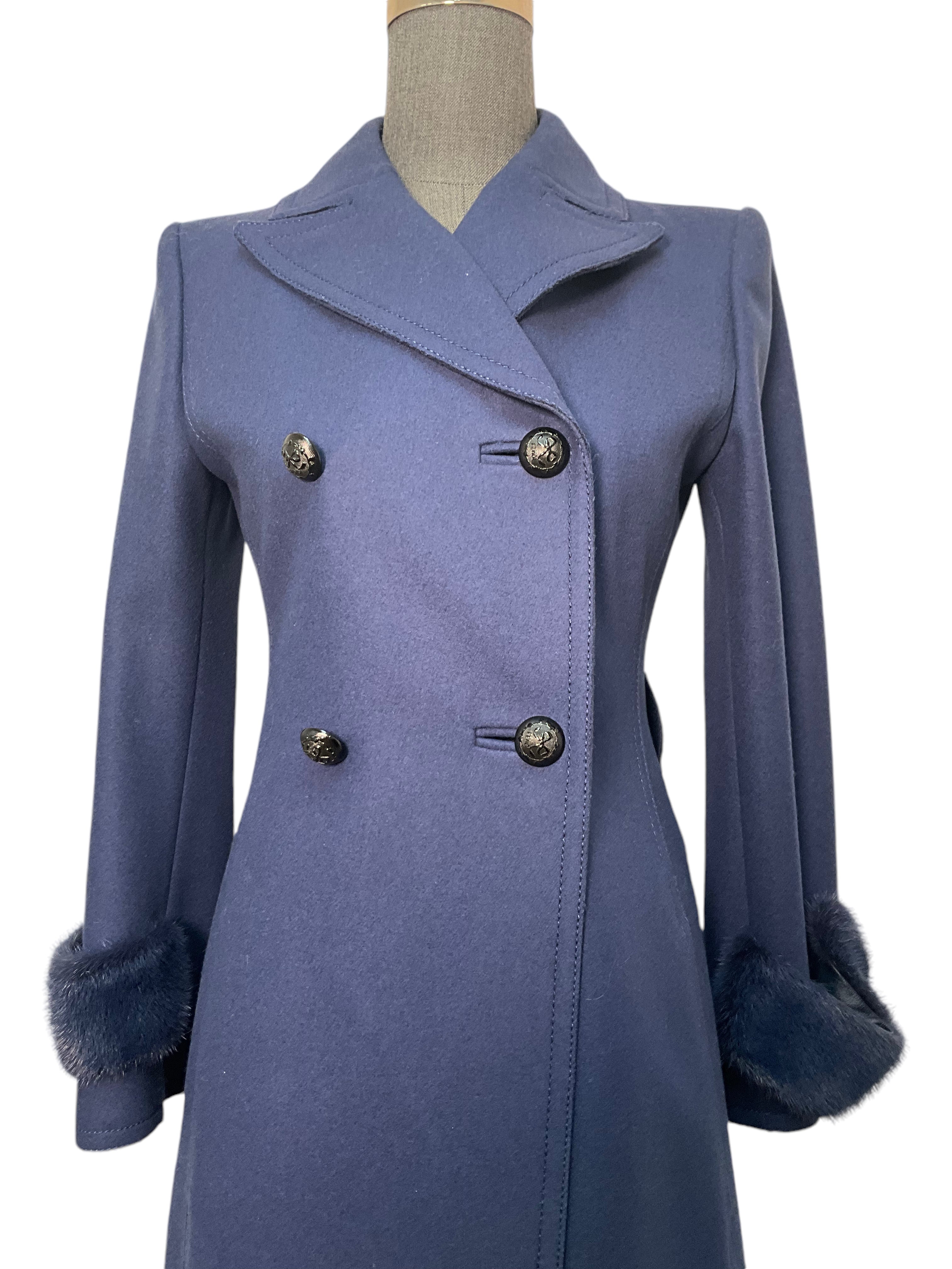FENDI Women's Double Breasted Mink Trim Midi Coat - Size XS | Luxury Winter Outerwear for Formal Events & Office Wear