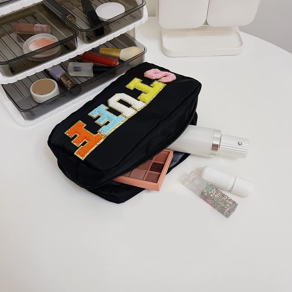 Preppy Makeup Bag with Chenille Letter Patches - Cute Cosmetic Organizer for Travel & Daily Use - Nylon Zipper Pouch for Girls & Women - Perfect for Toiletries, Makeup Storage & School Essentials