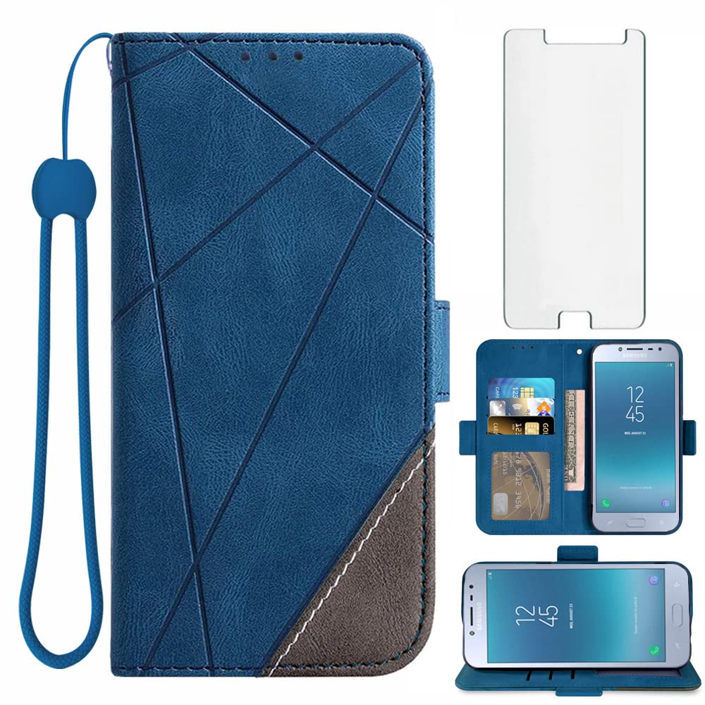 Asuwish Samsung Galaxy J2 Pro 2018 Wallet Case with Card Holder & Stand, Tempered Glass Screen Protector - Compatible with J2/J2 Pro/J250M/SM-J250M (Blue) - Perfect for Daily Use, Business Travel & Hands-Free Viewing