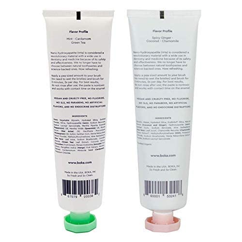 Boka Fluoride Free Toothpaste with Nano Hydroxyapatite - Remineralizing Toothpaste for Sensitive Teeth & Whitening - Dentist Recommended for Adults & Kids - Natural Ela Mint & Coco Ginger Flavor - 4oz (Pack of 2) - Perfect for Daily Oral Care & Enamel Repair