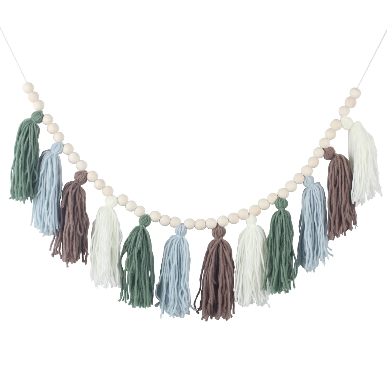 Boho Cotton Tassel Garland with Wood Beads - Wall Hanging Decor for Birthday, Christmas Party, Nursery, Bedroom, Playroom & Baby Shower - Perfect for Boho Home Decor, Classroom & Dorm Room Aesthetic