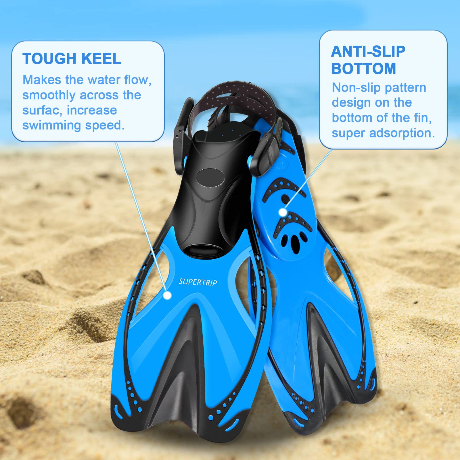 **Supertrip Kids Snorkel Fins - Adjustable Short Swim Flippers for Lap Swimming, Scuba Diving & Snorkeling - Travel Size Diving Fins for Boys & Girls Ages 6-14 - Perfect for Pool, Beach & Ocean Adventures**