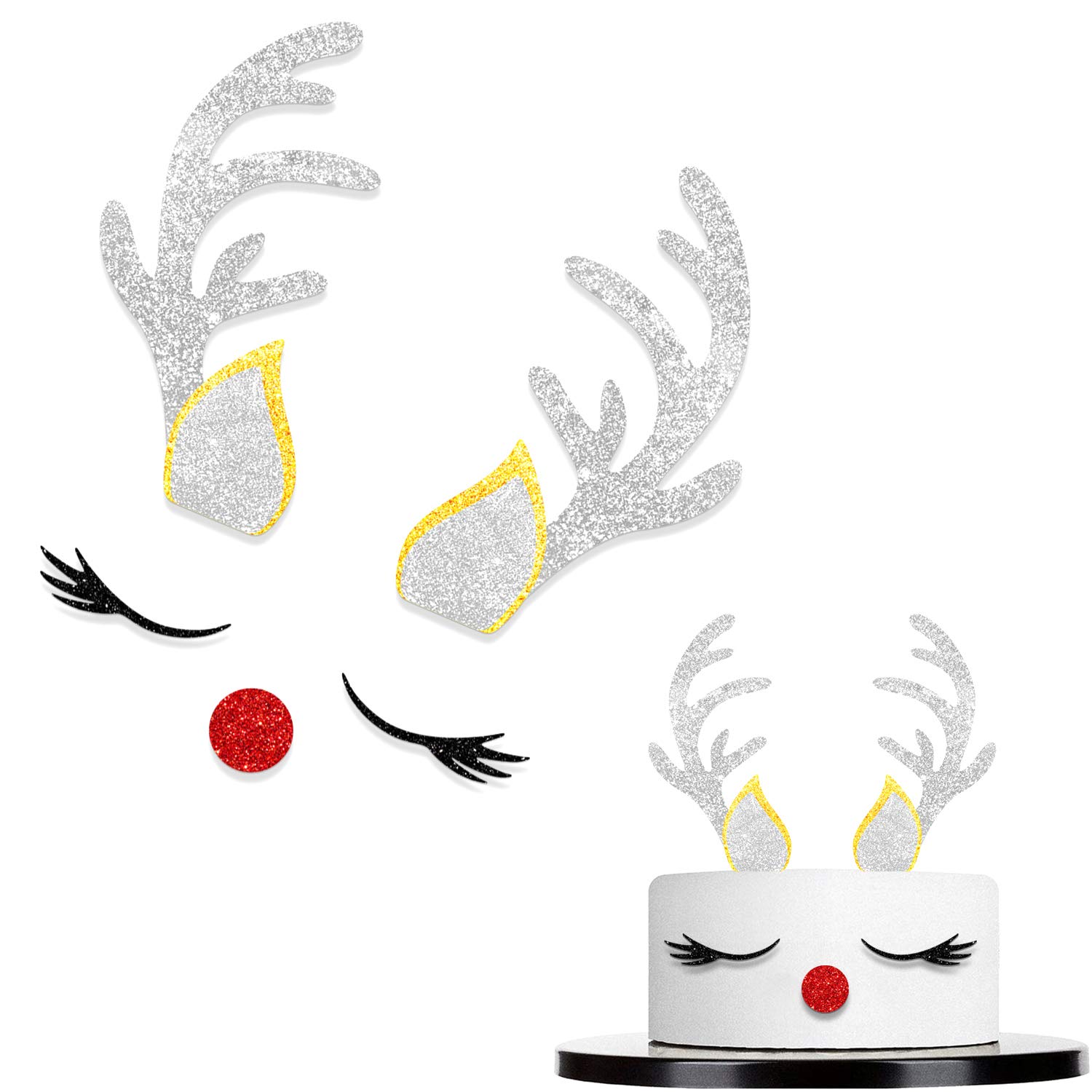 Christmas Reindeer Cake Topper - Deer with Eyelashes, Nose & Antler Picks for Gender Reveal, Baby Shower, Birthday & Holiday Party Decorations - Perfect for Christmas, New Year & Winter Themed Celebrations