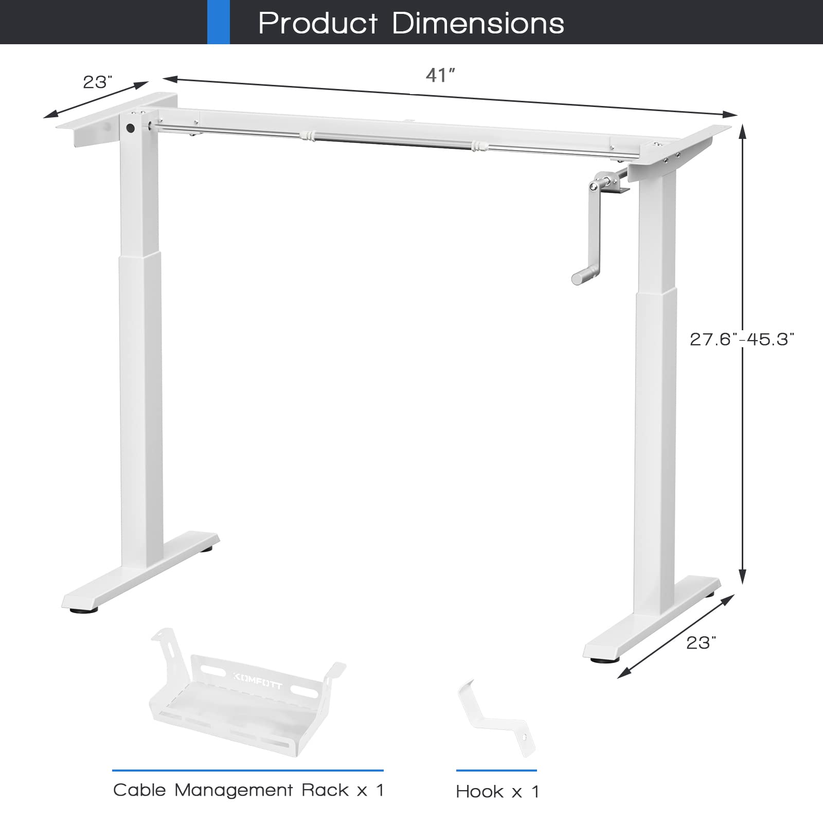 COSTWAY Manual Crank Standing Desk Frame - Adjustable Sit to Stand Workstation Base with Ergonomic Foldable Handle, Cable Management & Hook | Home Office, Study, Workspace (White)