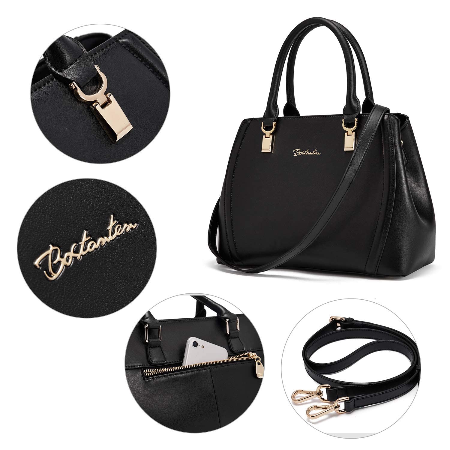 BOSTANTEN Women's Genuine Leather Handbag - Designer Top Handle Satchel Shoulder Bag & Crossbody Purse with RFID Blocking Wallet Set (Black) - Perfect for Work, Travel, and Everyday Use