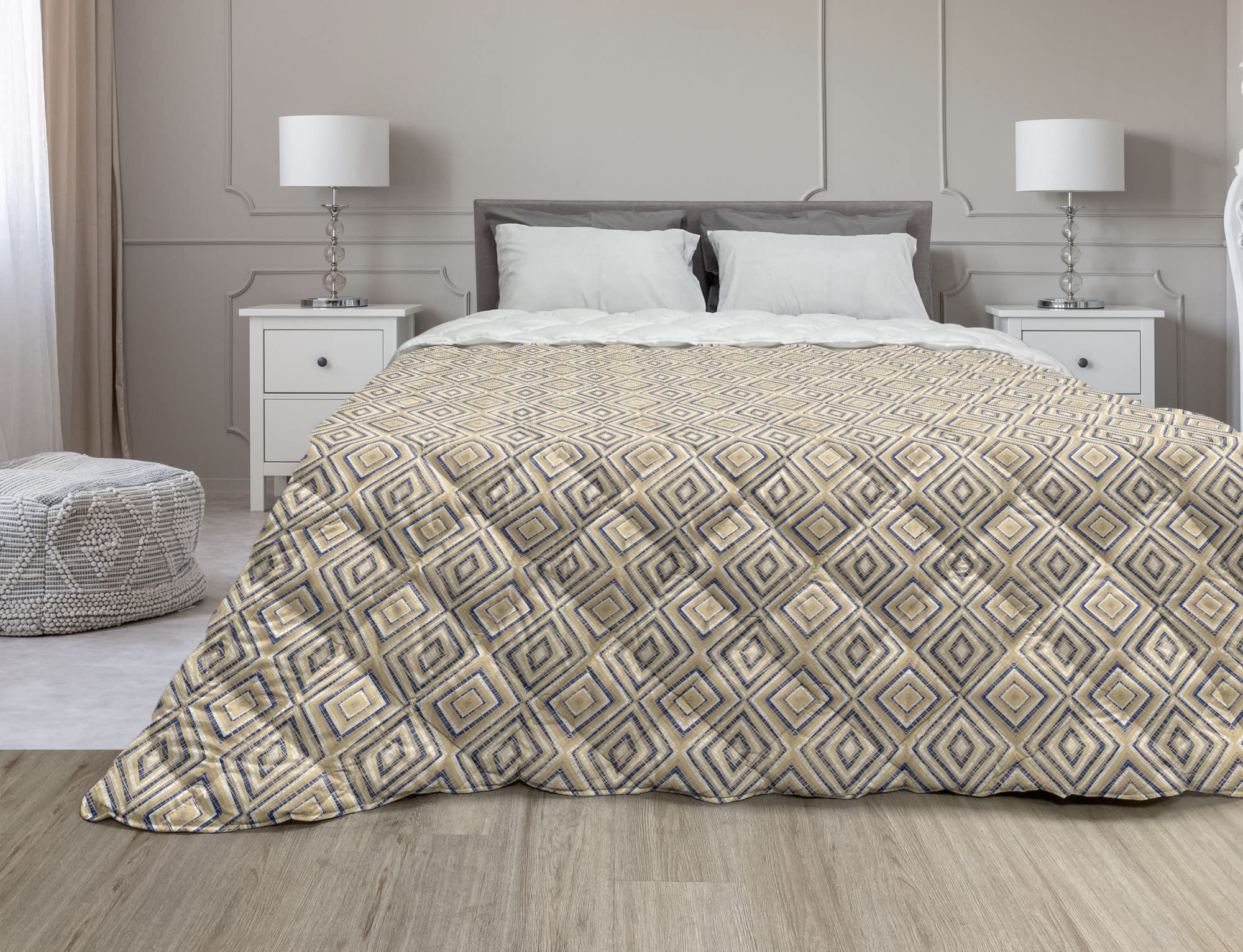 Ambesonne Blue & Beige Down Alternative Comforter - Full Size Geometric Diamond Pattern Microfiber Quilt | All Season Bedding for Master Bedroom, Guest Room & Dorm | Soft Pastel Brown & Ivory Design