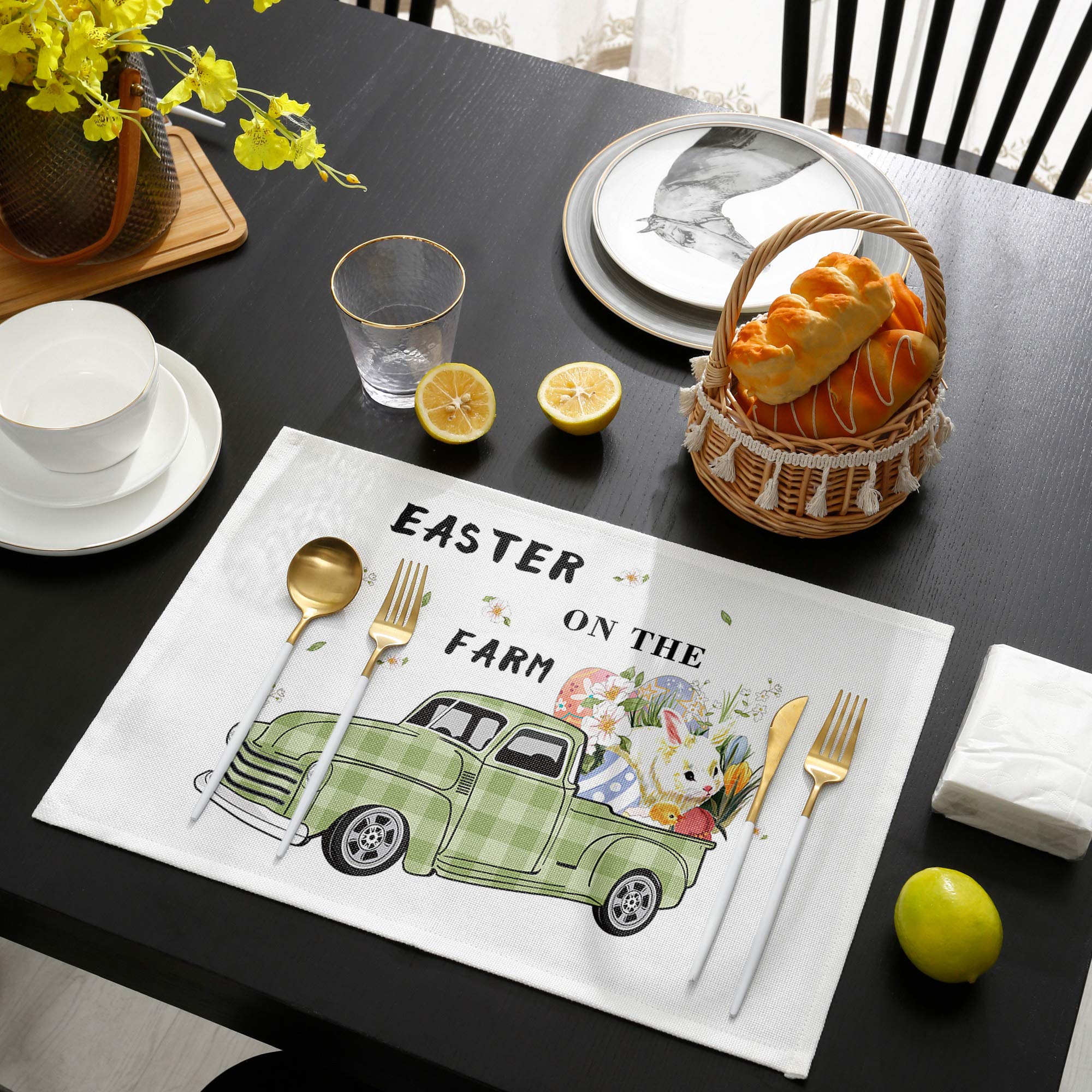 Farmhouse Easter Plaid Rabbit Eggs Heat-Resistant Placemats Set of 4 - Washable, Non-Slip Kitchen Table Mats for Dining - Perfect for Easter Decorations, Spring Parties & Farmhouse Style Kitchens