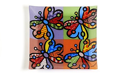 Romero Britto Butterfly Design Painted Glass Plate - Colorful Decorative Serving Dish for Dining, Home Decor & Gift Giving