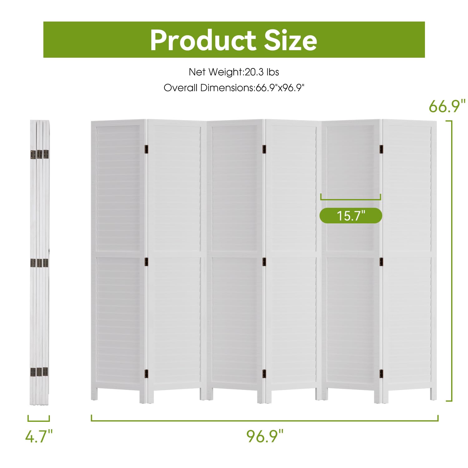 6 Panel Wood Room Divider - 5.57 FT Tall Folding Privacy Screen, Freestanding Partition Wall for Home & Office Separation - Perfect for Living Room, Bedroom, Studio or Event Space