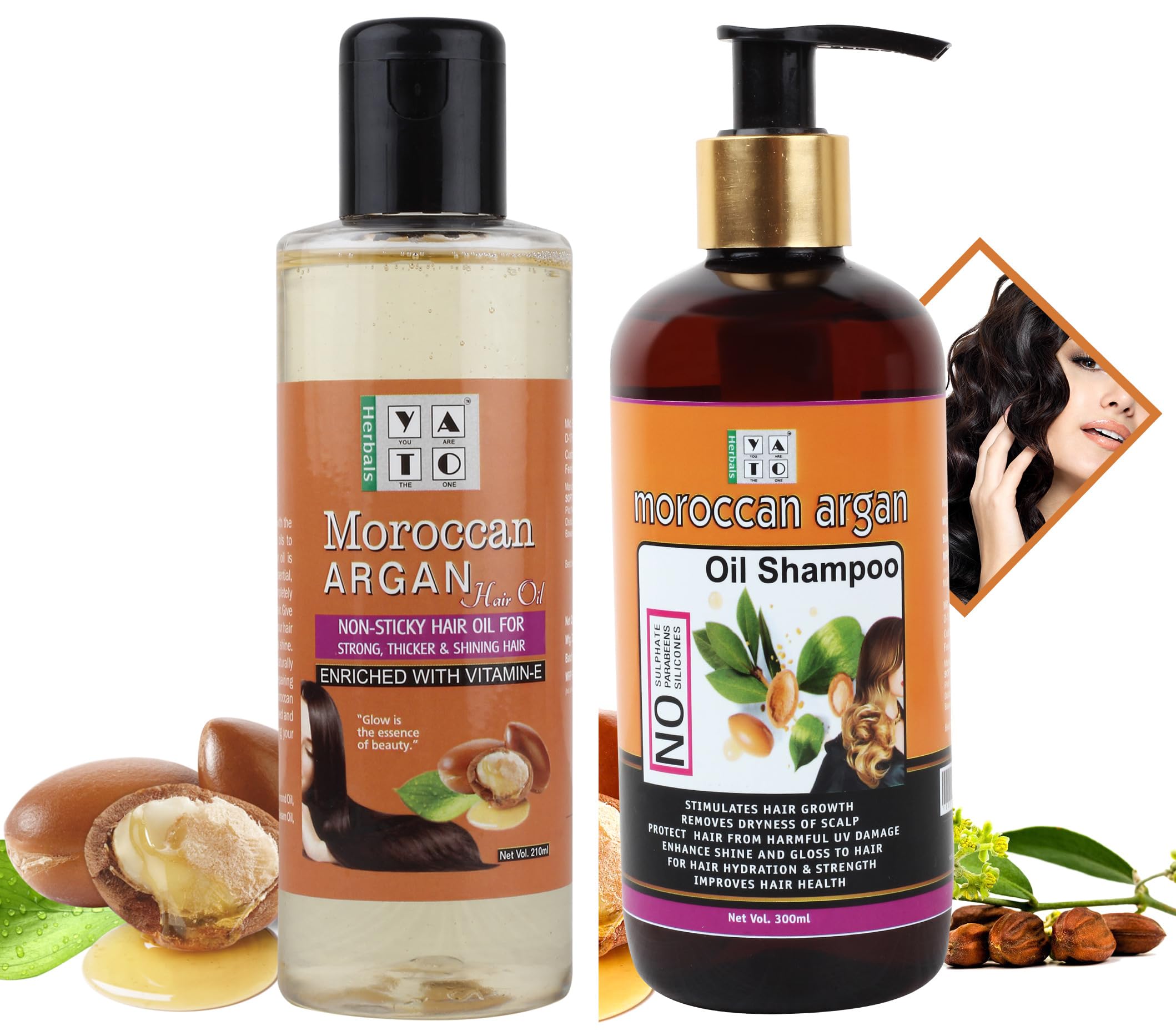 Yato Herbals Moroccan Argan Oil Hair Care Combo Set - 300ml Shampoo & 200ml Non-Sticky Hair Oil for Healthy Scalp & Shiny Hair - Sulfate-Free & Nourishing Treatment for Dry, Damaged Hair - Perfect for Daily Hair Care & Salon-Quality Results at Home