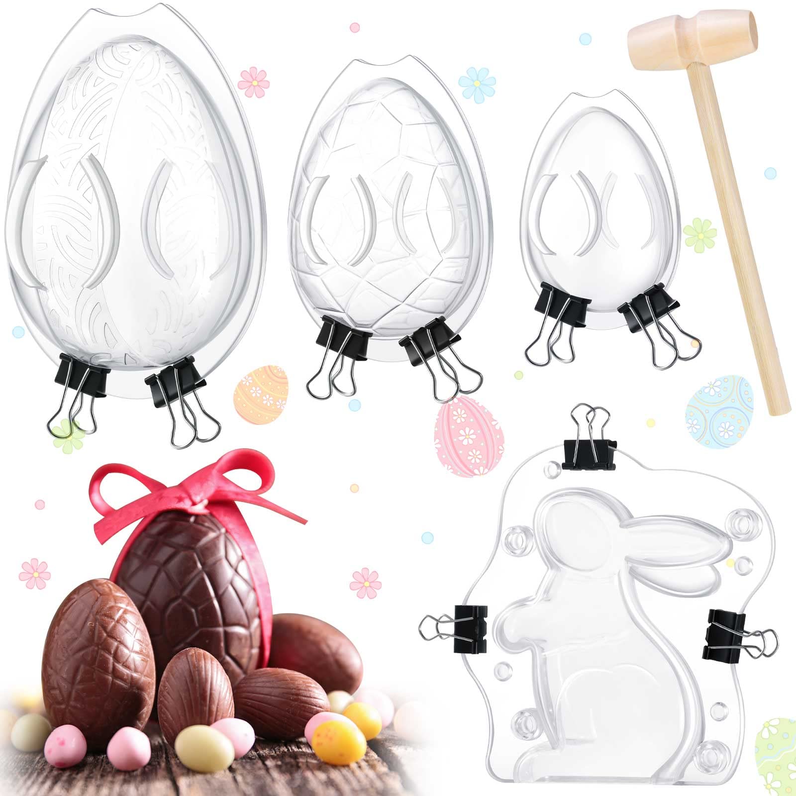 4 Pairs Large 3D Easter Egg Bunny Dinosaur Molds - Chocolate Cake Candy Cookie Fondant Decorating Tools with Wooden Hammer for Easter, Birthday Parties & DIY Dessert Making