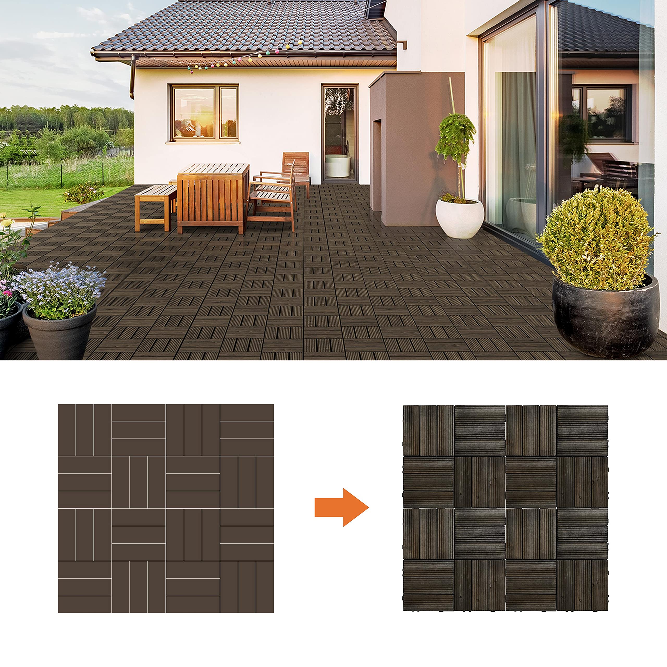Yaheetech 27 Pack 12 x 12 Inch Interlocking Patio Tiles - Solid Wood Decking Tiles for Balcony, Garden, Poolside, Front & Back Yard - Outdoor Flooring Solution for DIY Decks, Porches & Terraces (Black)