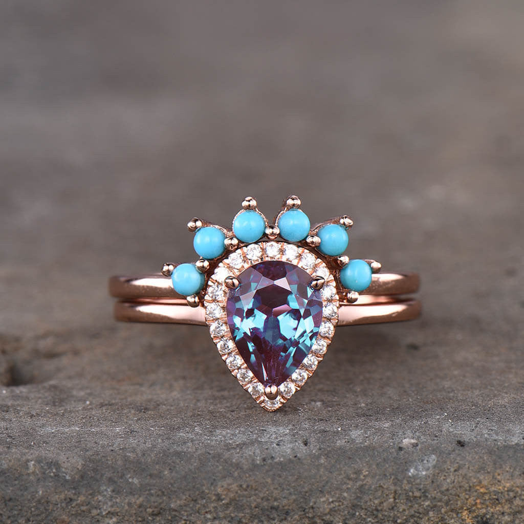 Vintage Pear Shaped Alexandrite & Turquoise Engagement Ring Set with Matching Band (2-Piece) - Perfect for Weddings, Anniversaries & Unique Proposal Gifts