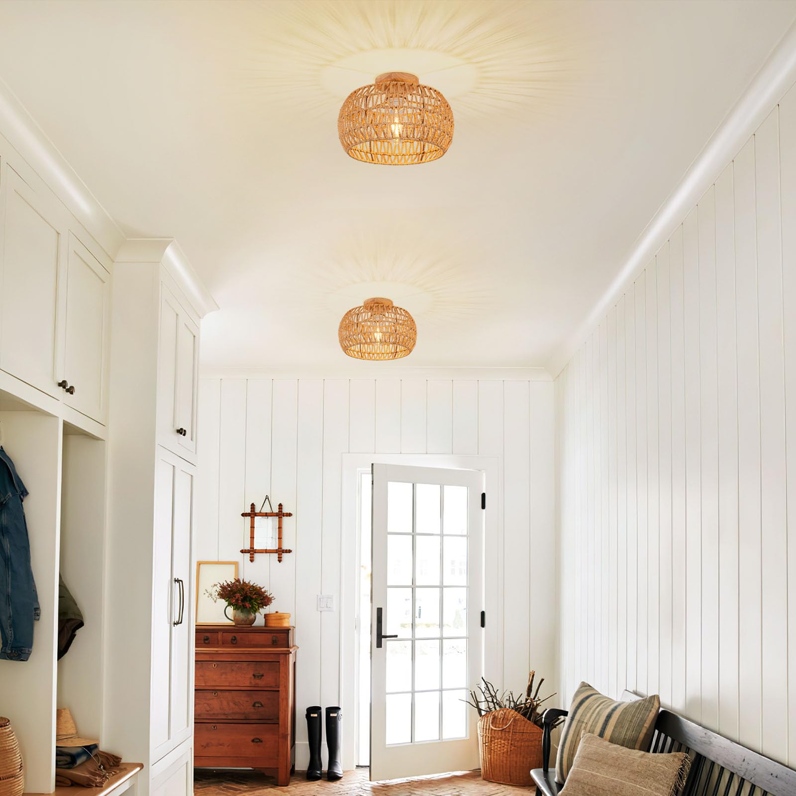 Hand-Woven Rattan Chandelier Light Fixture - Boho Flush Mount Ceiling Lamp for Kitchen, Nursery, Farmhouse & Bedroom | Natural Wicker Pendant Lighting for Cozy Home Decor & Dining Room Ambiance
