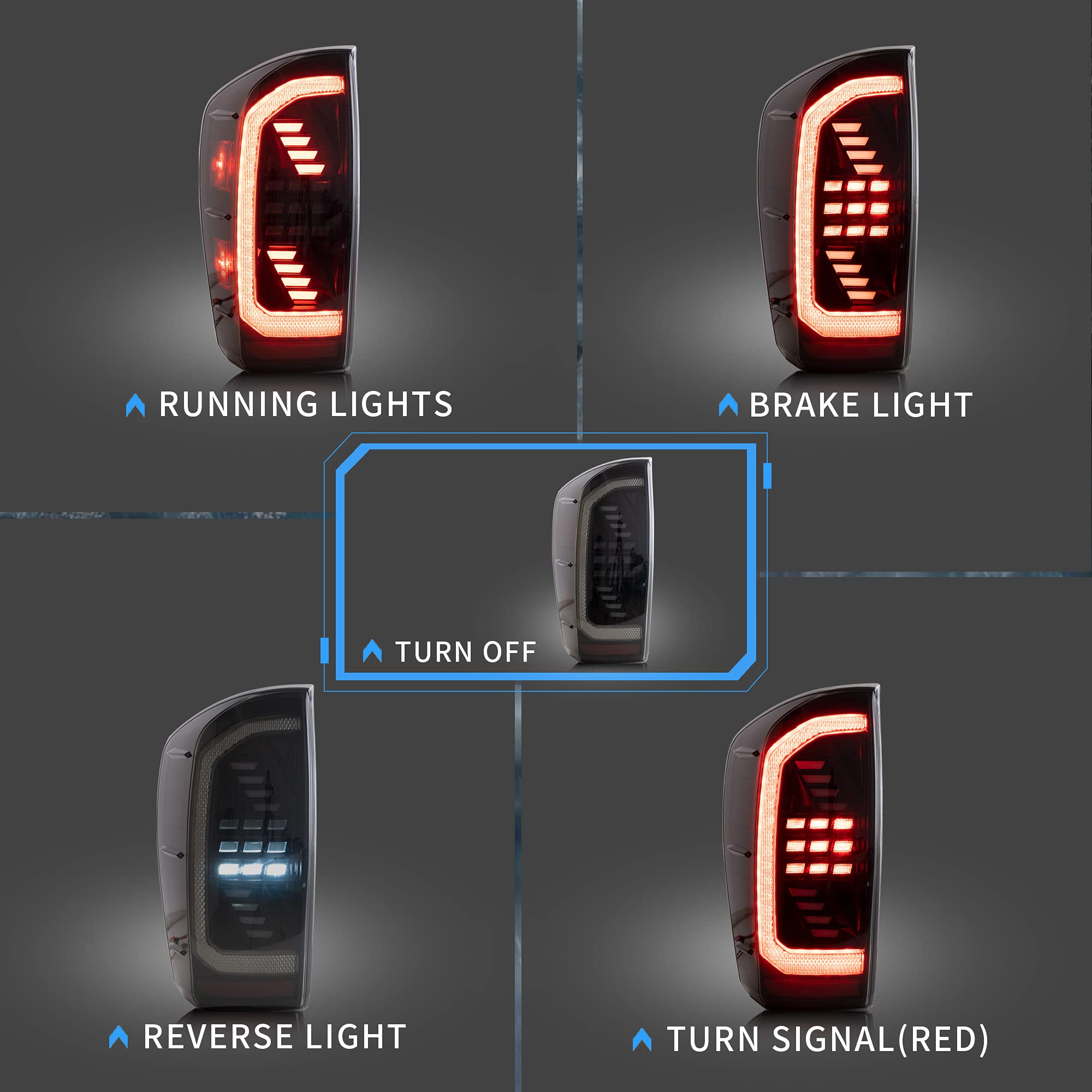 VLAND LED Tail Lights for Toyota Tacoma 2016-2020 - Dynamic Animation DRL with Red Sequential Turn Signals (Smoked/Tinted) - Driver & Passenger Side - Upgrade Your Truck's Style & Safety for Night Driving & Off-Road Adventures