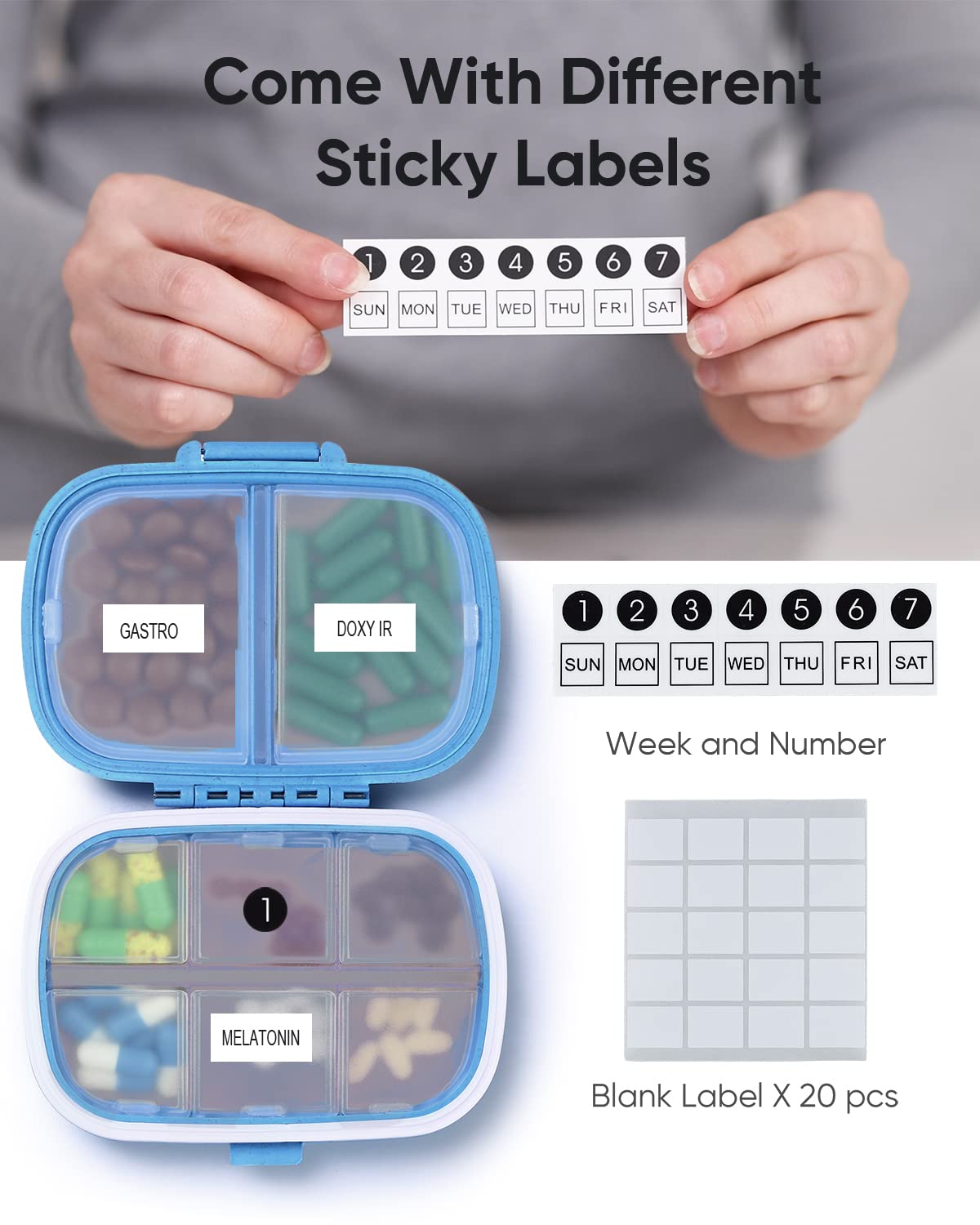 Holii 2-Piece 8-Compartment Travel Pill Organizer - Portable Daily Medicine Box & Vitamin Holder for Purse, Pocket Pharmacy - Perfect for Travel, Work & Home Use (Blue)